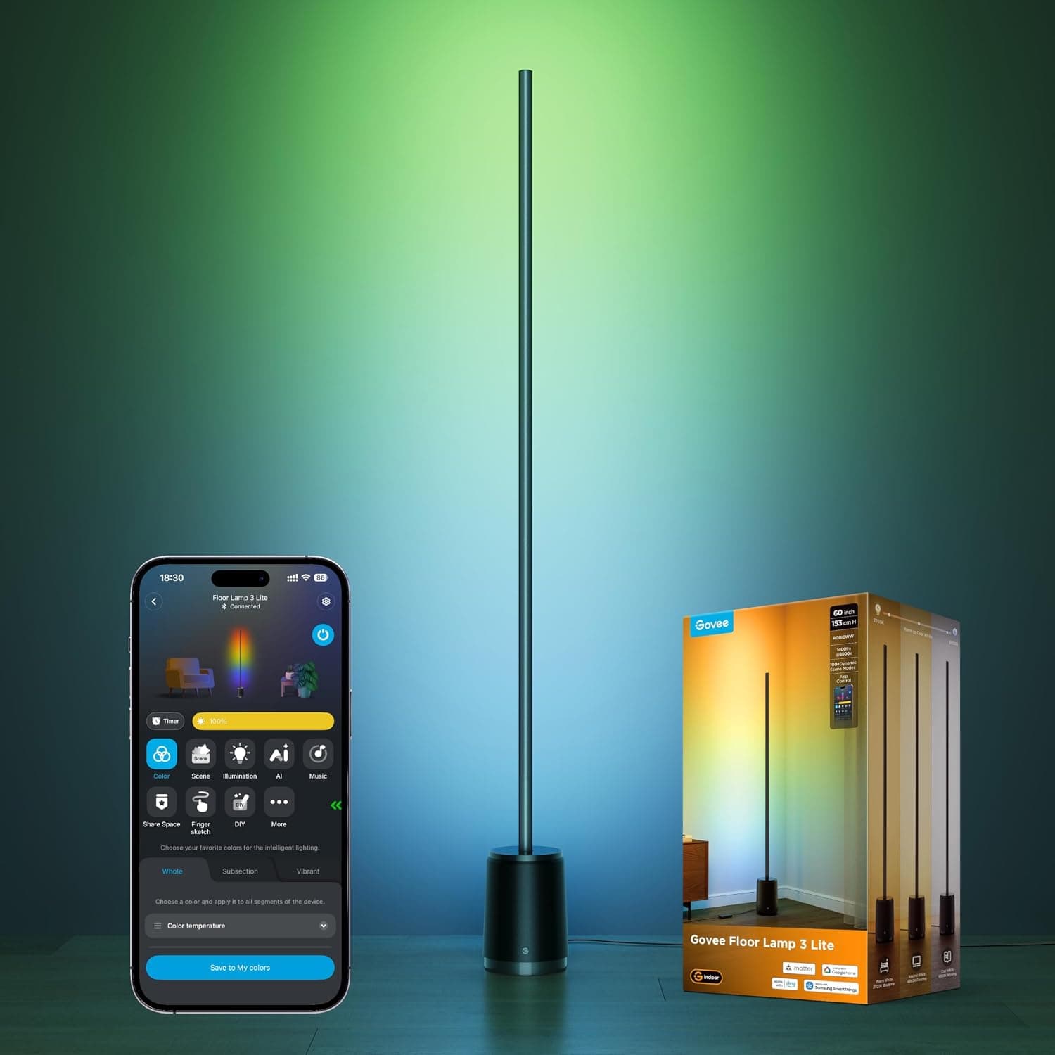 Govee LED Floor Lamp 3 Lite RGBICWW, 1400lm Smart Standing Lamp 152cm | 2700-6500K, 105+Scene, AI Bot 2.0, DIY, Music Sync, Work with Alexa Matter, Black, Corner Floor Lamp for Bedroom Living Room