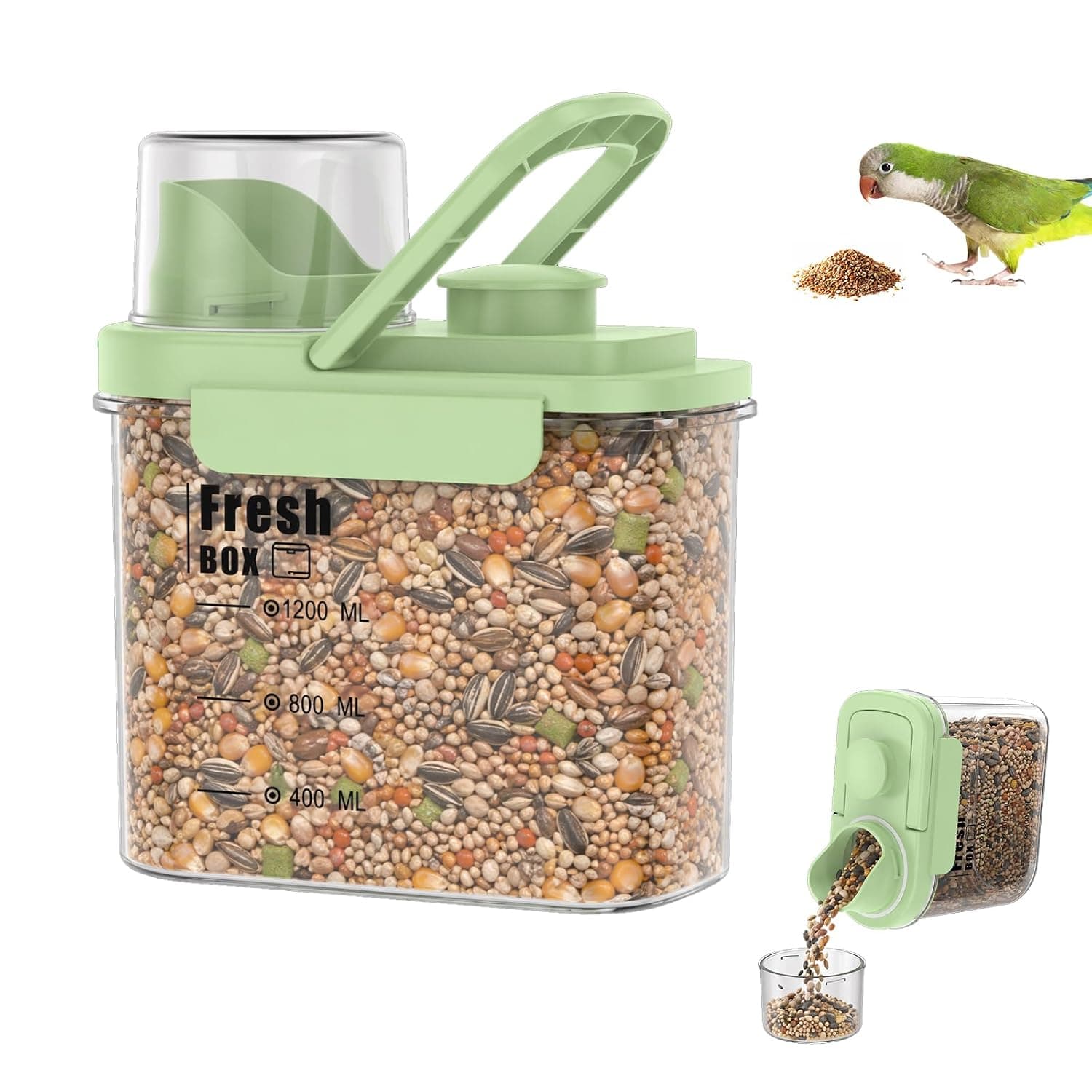 Bird Seed Storage Container with Airtight Lid, Large Cereal Storage Bin with Pour Spout and Hidden Handle, Leakproof Seed Dispenser Pet Food Container for Rice, Grain, Flour, Dry Food(1.6L)