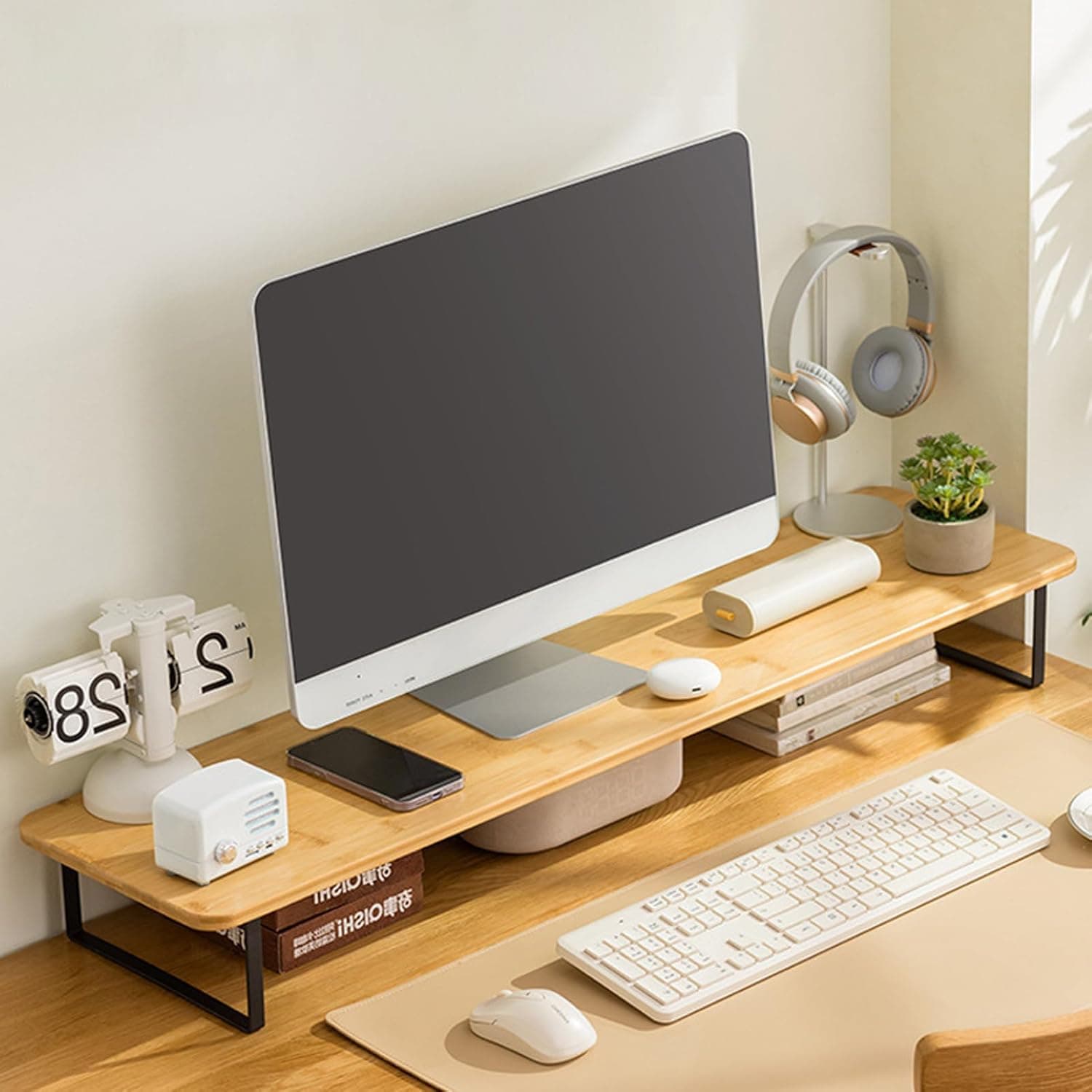 U-HOOME Monitor Stand Riser,80CM Desk Shelf Organizer Wood Moniter Riser with Keyboard Organizer for Laptop/Computer/TV/Screen/PC/Printer,Office Desk Accessories Computer Stand (Natural)