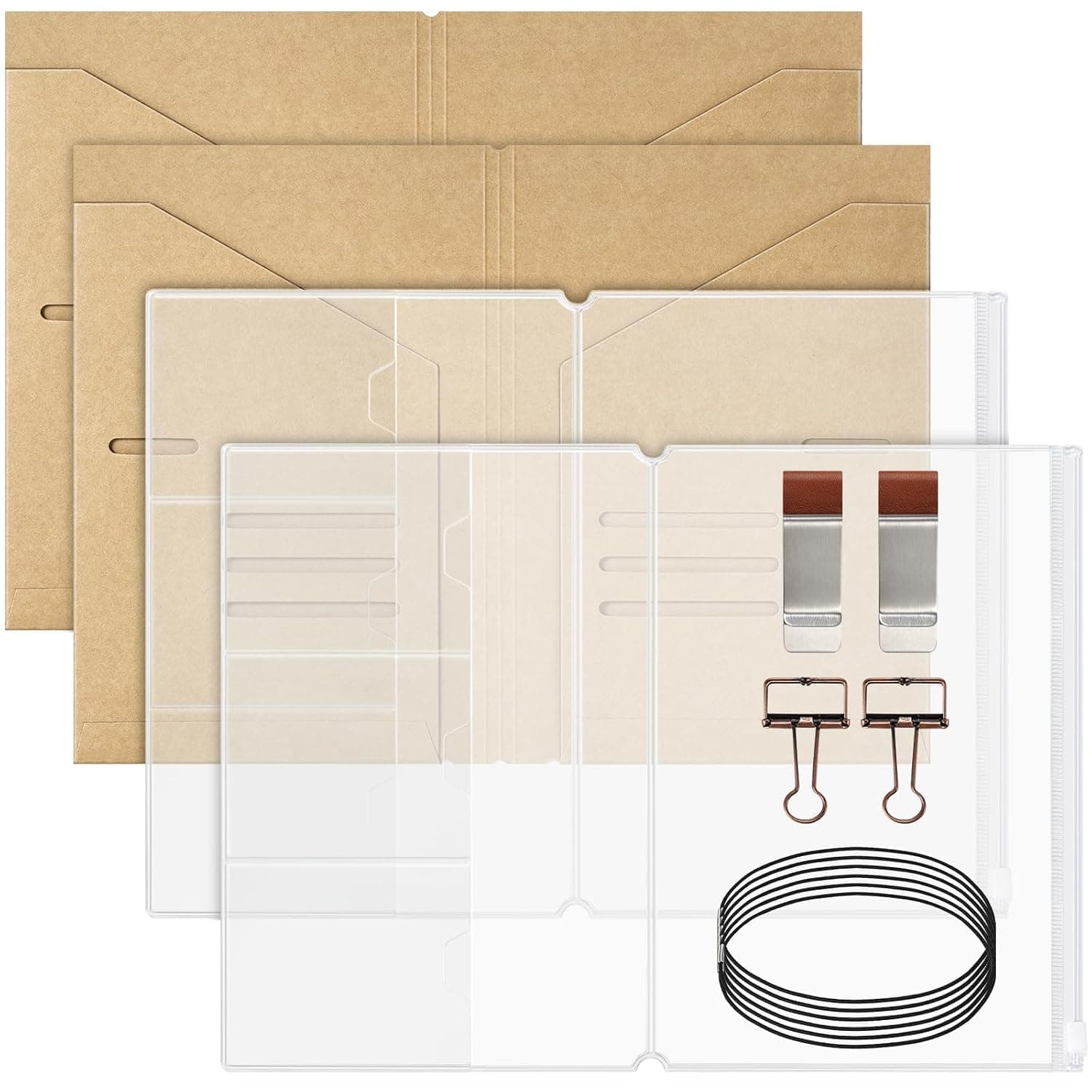 Travelers Notebook Accessories Kit - Kraft File Folders, PVC Zipper Pouches, Pen Holders, Binder Clips, Elastic Bands for Travel Journal Organizer Supplies (2 Pack, A5 Size)