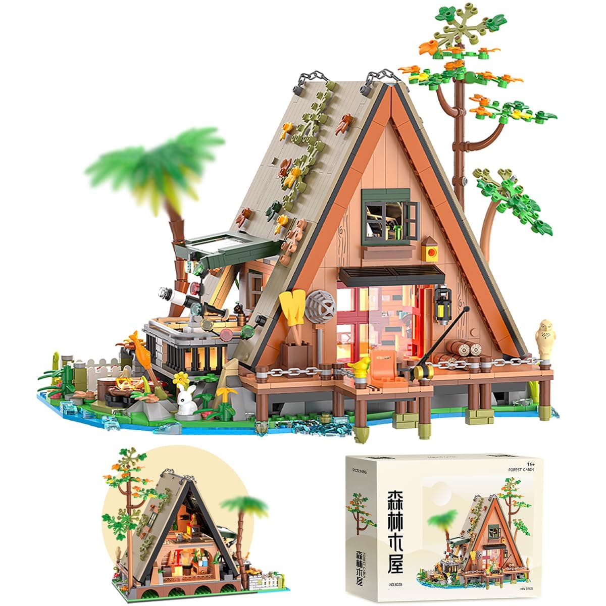 A-Frame Cabin Building Blocks Kit, 1486 Pieces Micro Brick Forest Cabin Interlocking Building Blocks Buildable Model Kit, Mini Building Block Architecture Model Kits Home Decoration