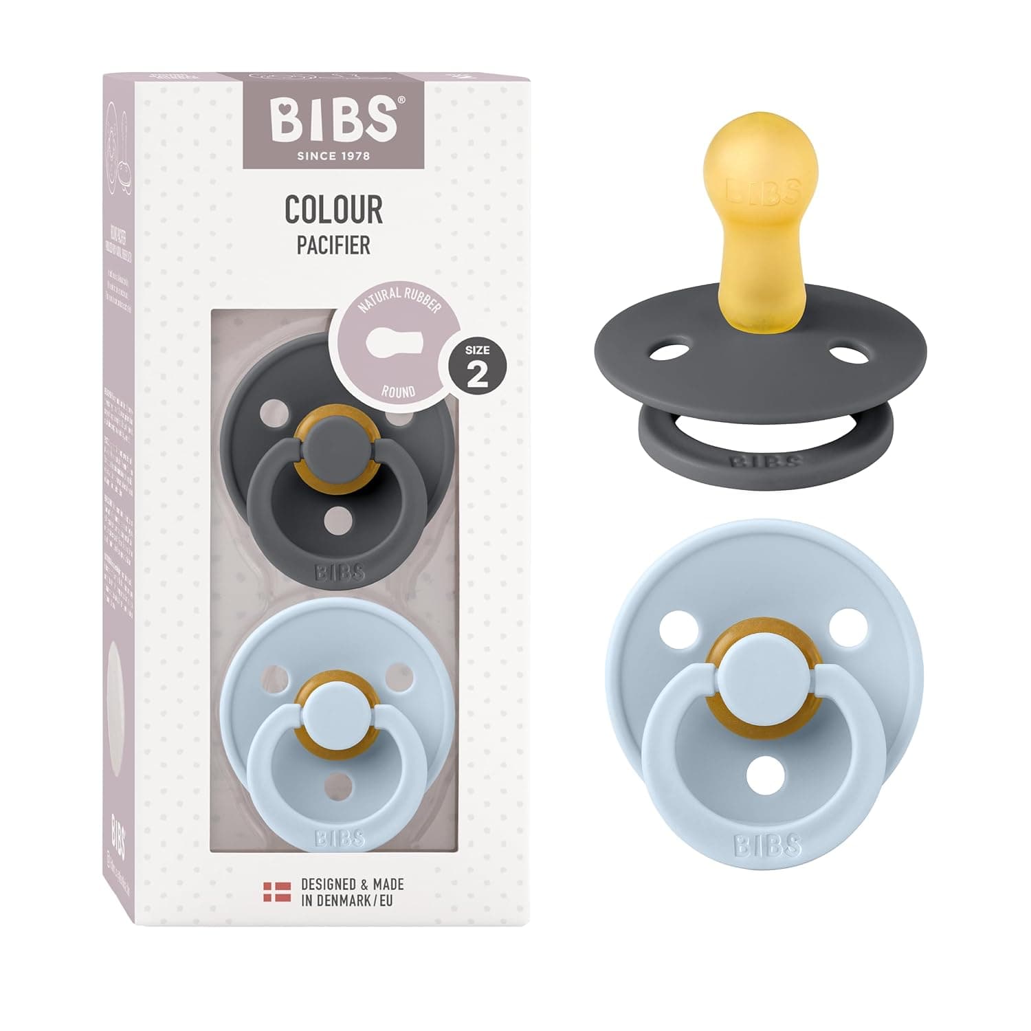 BIBS Colour Soother 2-Pack, BPA Free Dummy Pacifier, Round Natural Rubber Latex, Size 2 (6-18 Months), Iron/Baby Blue