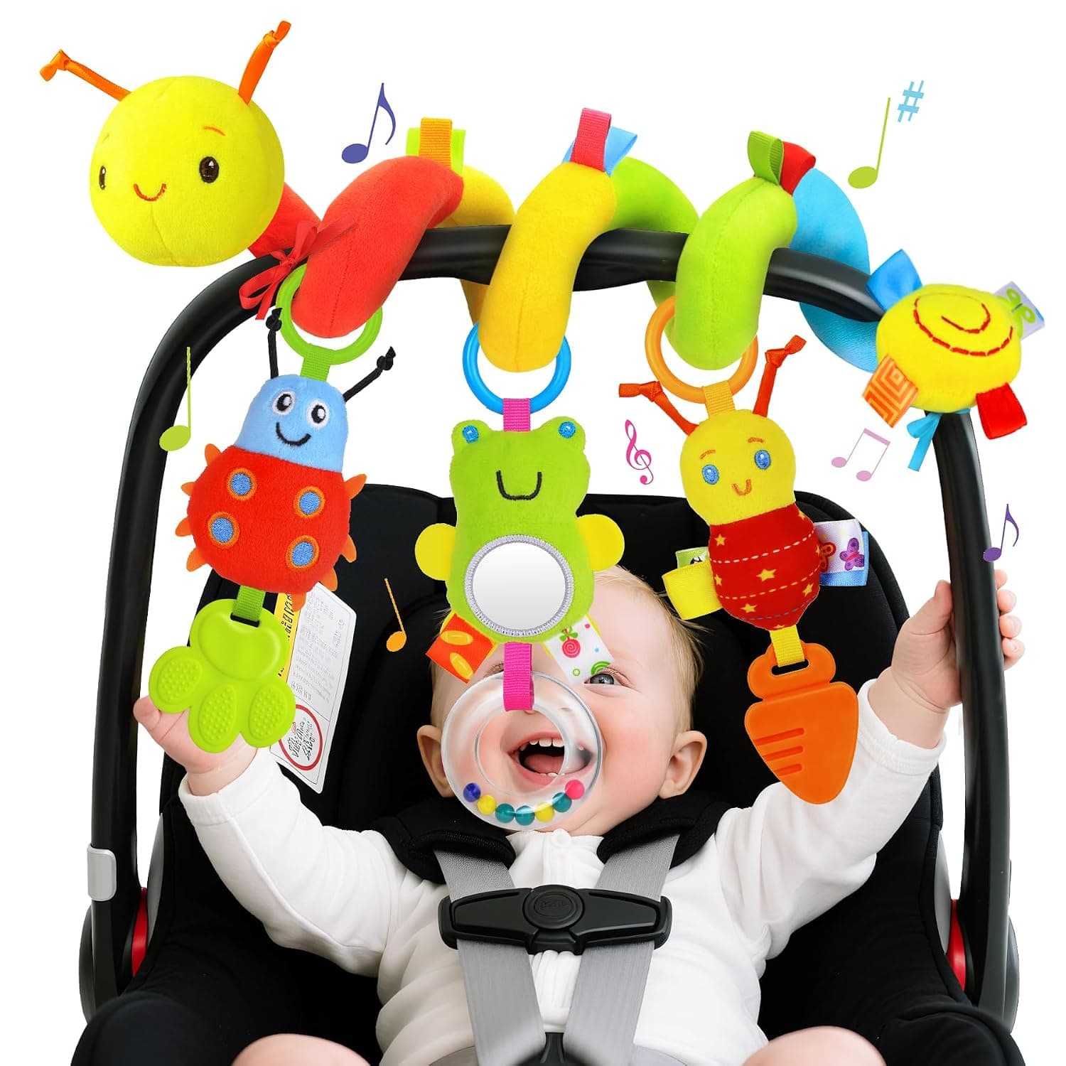 Baby Pram Toys 0-6 Months, Newborn Spiral Pram Car Seat Toy for Babies 0-6 Months Hanging Pushchair Activity Sensory Soft Plush Toys for 0 3 6 9 12 Months Baby Girls Boys Gift