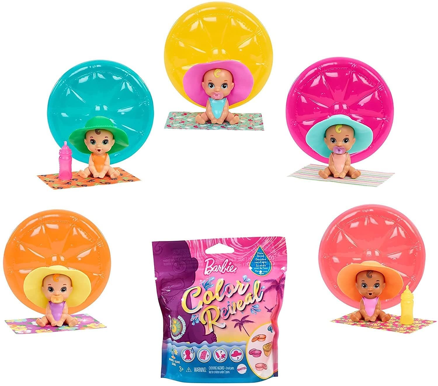 Barbie ​ Color Reveal Baby Dolls With 5 Surprises In FloatingFruit Case; Water Reveal; 3 Mystery Bags Contain Sun Hat