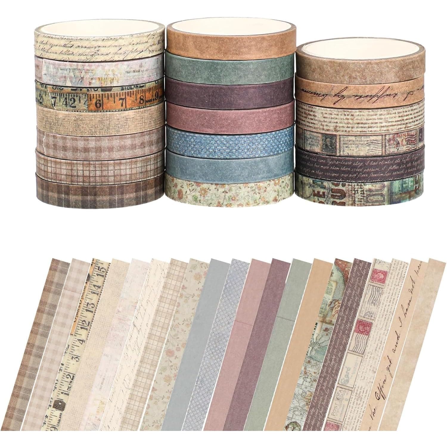 Joyzzz Washi Tape Set, 3m Long/Roll Scrapbook Supplies for Journaling, DIY Crafts and Gift Wrapping, Neutral Color Collection, 20 Rolls Vintage Floral Decorative Tapes