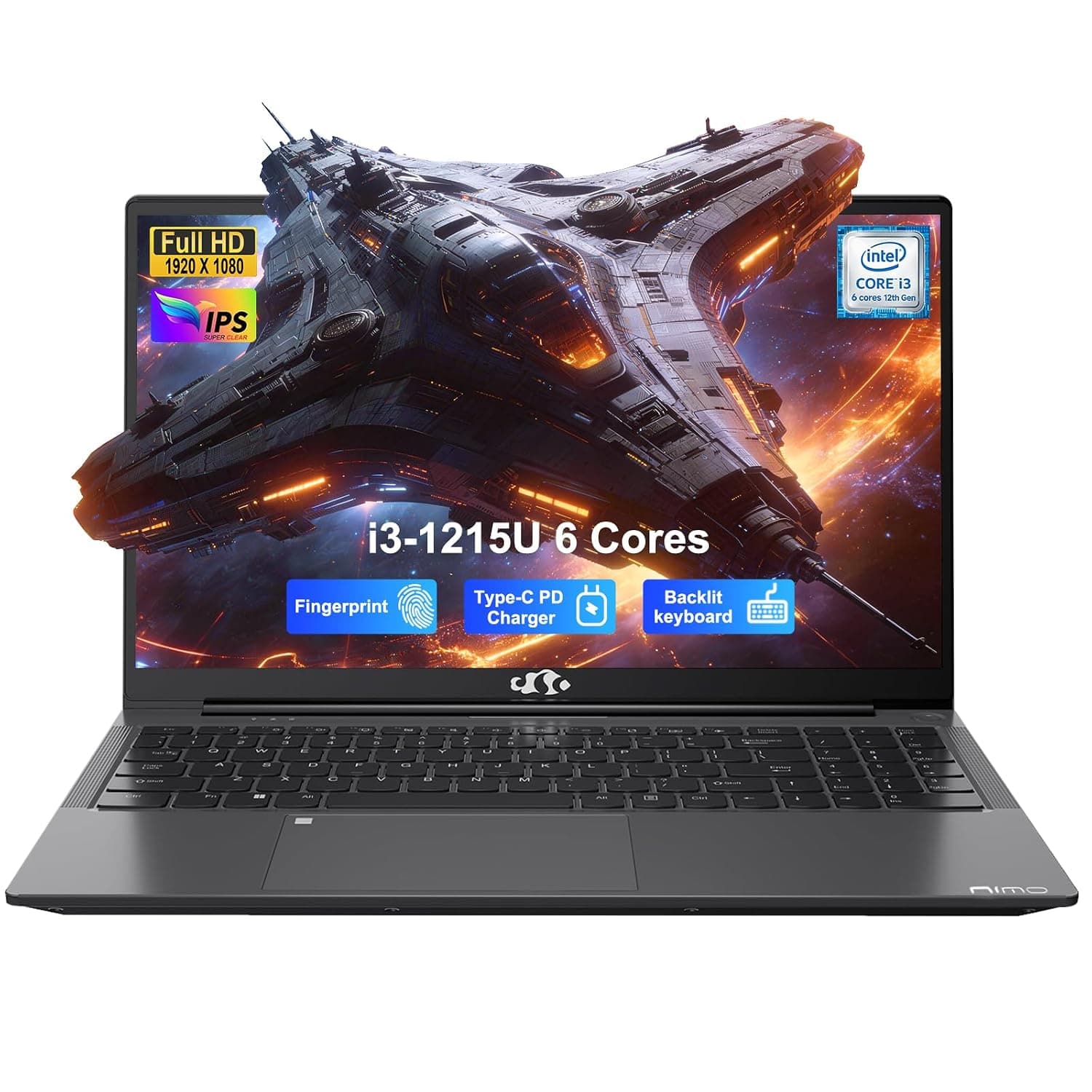 NIMO 15.6" IPS FHD Student Laptop, 12th Gen Core i3-1215U (Up to 4.4GHz, Beat R5 7520U) 16GB RAM 512GB SSD Computer with 180° Viewing, 65W Type C, HDMI, Wi-Fi 6, Portable for Home and Business