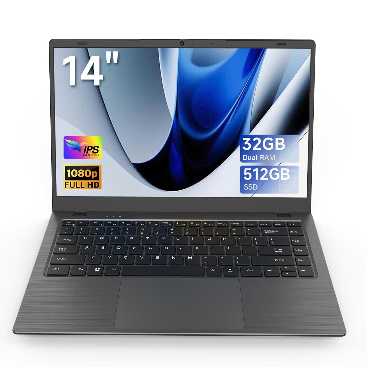 14 Inch Laptop, 32GB RAM 512GB SSD, FHD IPS Display | Lightweight Computer for Students, Business, and Daily Use with USB-C, HDMI, WiFi 5, Bluetooth 5.0, 1TB TF Support
