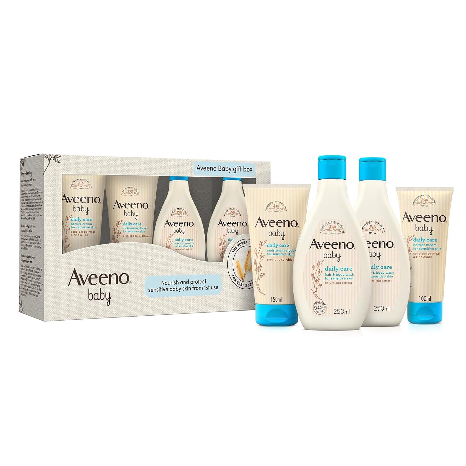 Aveeno Baby Daily Care Gift Box for Sensitive Skin, Hair & Body Wash 250ml, Nappy Cream 100ml, Moisturizing Lotion 150ml