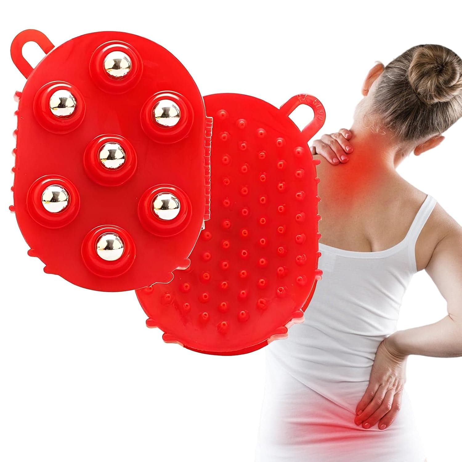 2-in-1 Magnetic Massage Curry Comb Glove, Magnetic Massage Curry Comb Glove with 7 Metal Rollers, Hand Massage, Balls Muscle Relaxation, Massage Roller for Back and Back (Red)