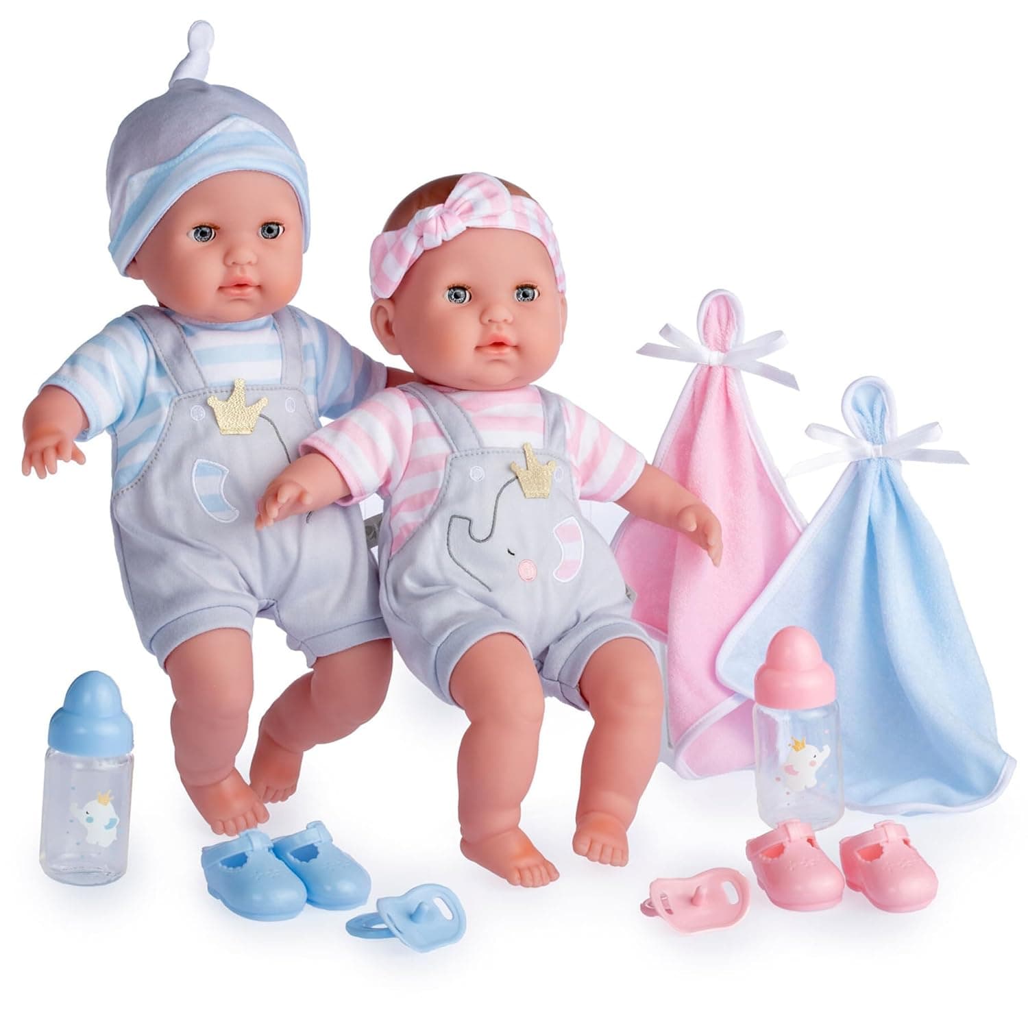 JC Toys Berenguer Boutique 30050 TWINS- 15” Soft Body Baby Dolls - 12 Piece Gift Set with Open/Close Eyes- Perfect for Children 2+