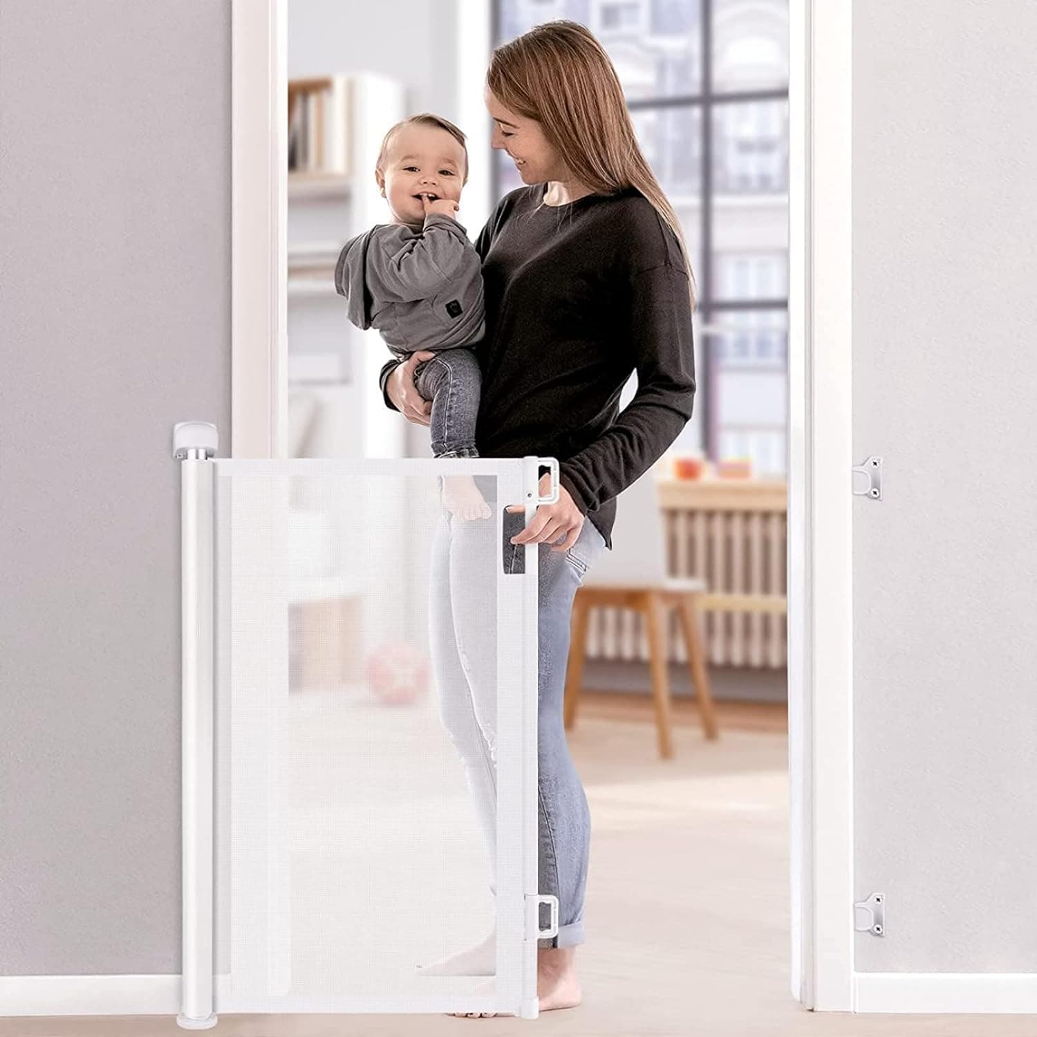 Retractable Baby Gate, Extra-Wide Safety Gate, Durable Stairs Telescopic Mesh, Dog Gate for Kitchen Stairs Doorway, Drilling‑Required(White, 150 * 86cm)