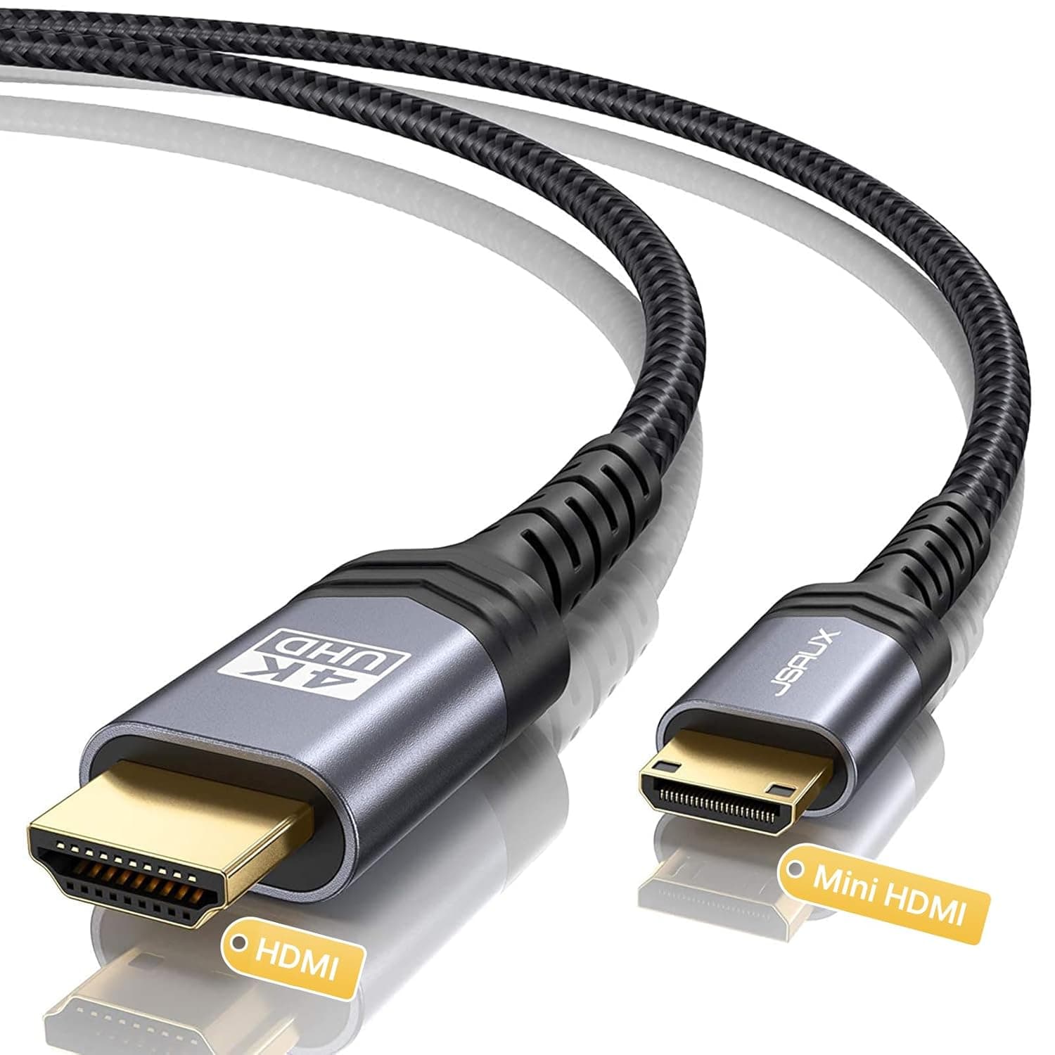 JSAUX Mini HDMI to HDMI Cable 1.8M, [Aluminum Shell, Braided] High Speed 4K 60Hz HDMI 2.0 Cord, Compatible with Camera, Camcorder, Tablet and Graphics/Video Card, Laptop, Raspberry Pi Zero W -Grey