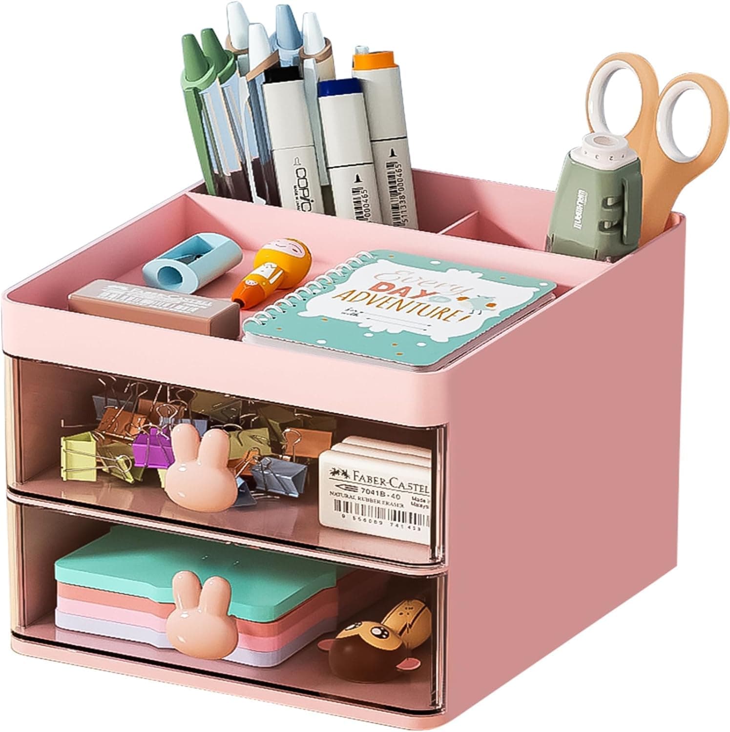 Small Desk Organizer with Drawer, Multi-Functional Pen Pencil Holder Storage Box for Desk, Desk Organizers and Accessories with 3 Compartments + 2 Drawer for Office Art Supplies(Pink)