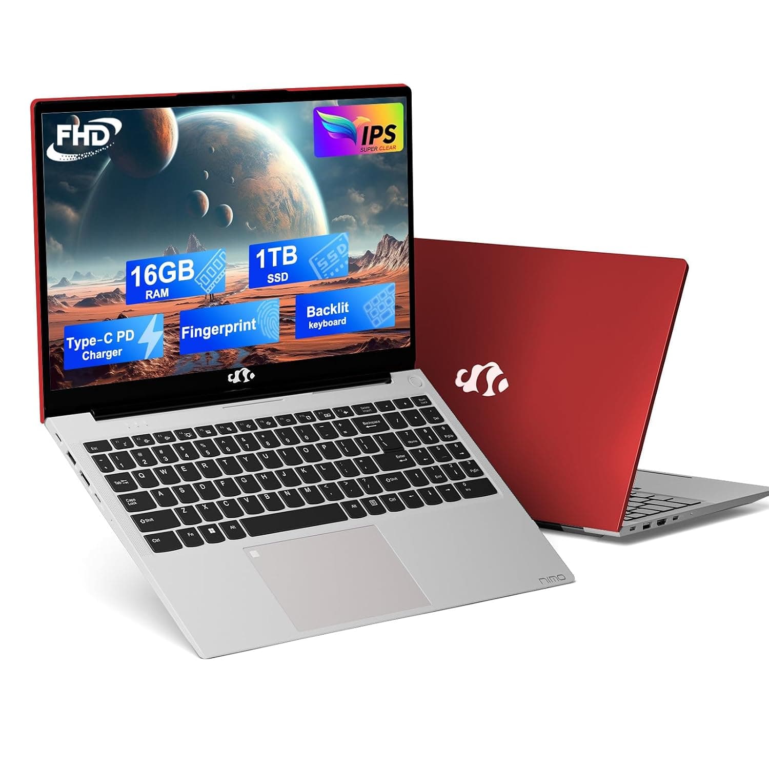 NIMO 15.6 IPS FHD-Laptop, 16GB RAM 1TB SSD Intel Pentium Quad Core N100, Computer with Backlit Keyboard Fingerprint (Beat to i3-1115G4 Up to 3.4GHz) Laptops for Student, Win 11 Red