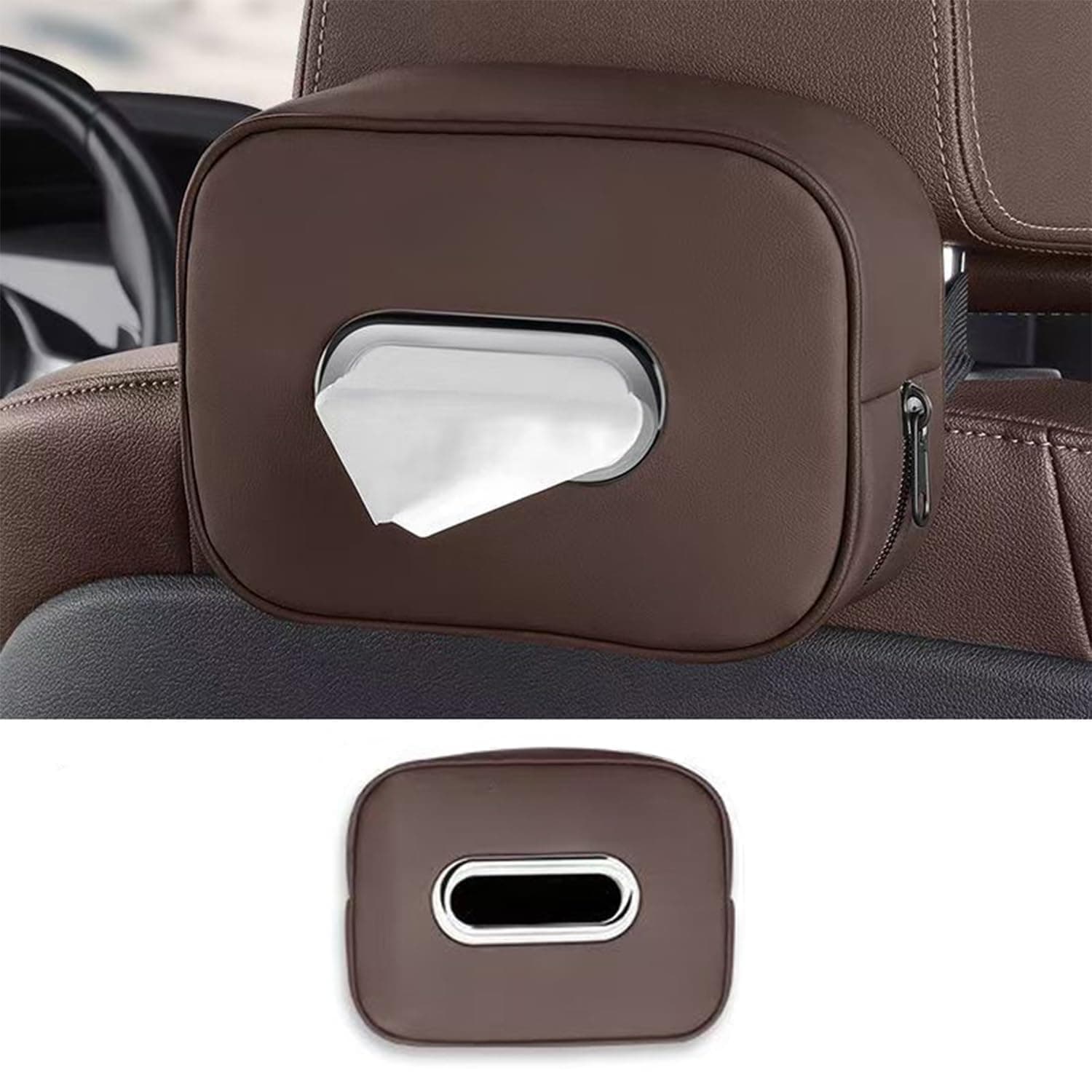 Black Leather Car Tissue Holder, Universal Back Seat Headrest Mount Tissue Storage Box with Adjustable Strap, Electroplated Decoration Interior Accessories Compatible with ROX 01 2024 2025 (Brown)
