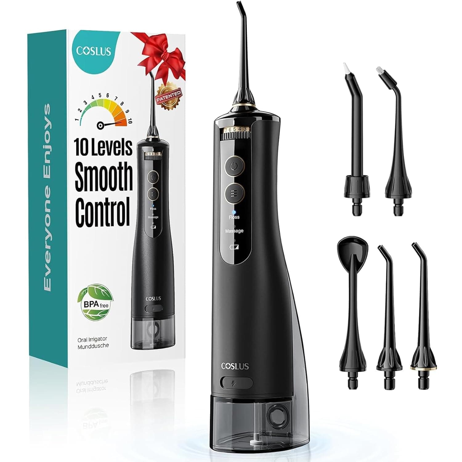 COSLUS E40 Water Flosser for Teeth, Braces, Gums Care | 10 إعدادات ضغط متقدمة, لعدة مستخدمين, 300 مل, خالٍ من BPA, مقاوم للماء IPX7, لاسلكي محمول, للمنزل والسفر, أسود