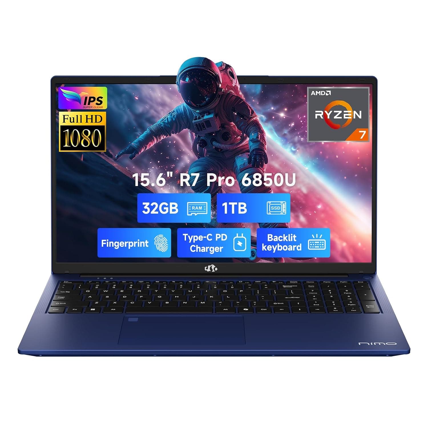 NIMO 15.6" Light-Gaming-Laptop, 8 Cores AMD Ryzen 7 Pro 6850U 32GB LPDDR5 RAM 1TB SSD (Beat i7-1360P Up to 4.7GHz) AMD Radeon 680M GPU IPS FHD Computer with 100W Type-C Backlit Keyboard Fingerprint
