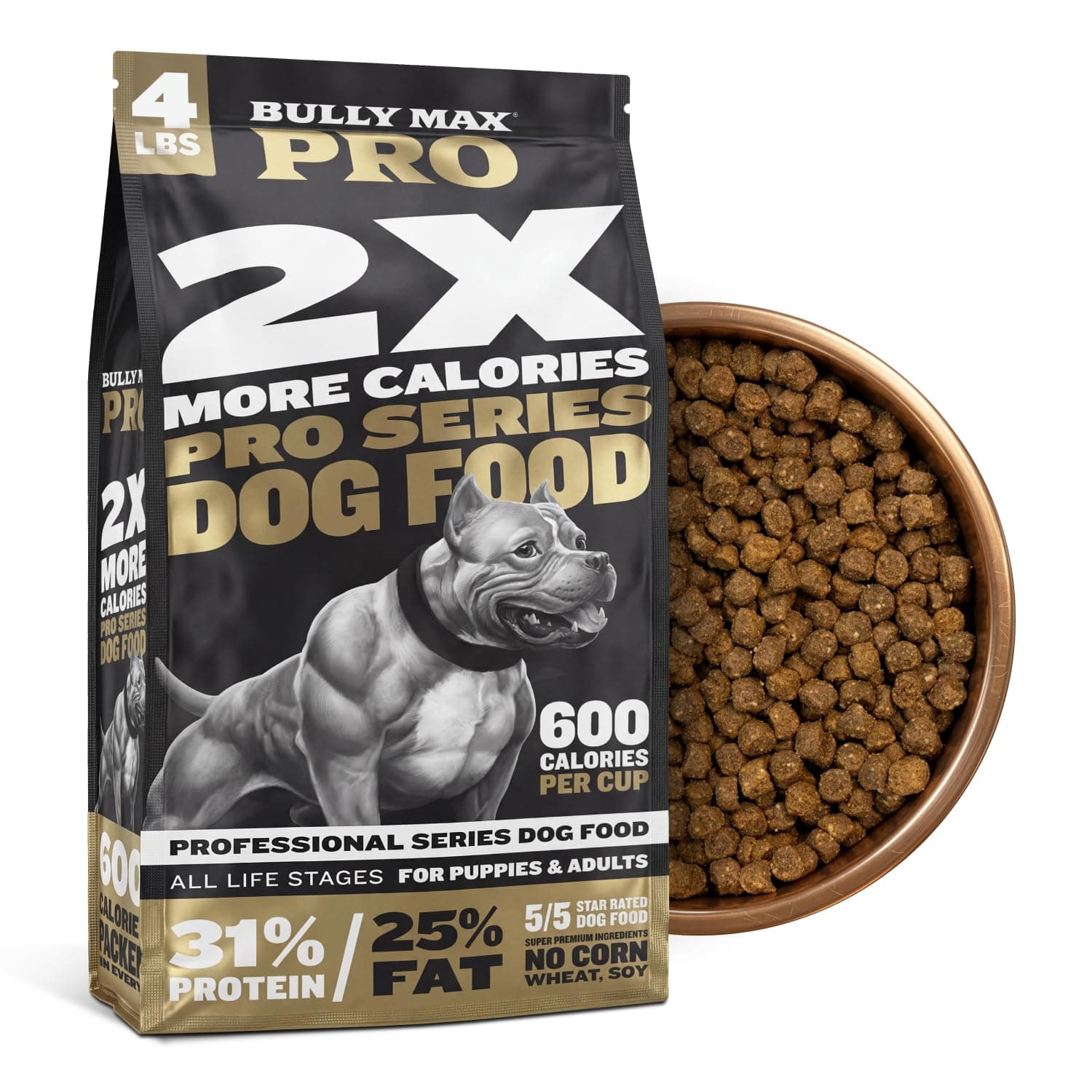 Bully Max Pro 2X High Calorie & High Protein Dry Dog Food for Puppy & Adult Dogs - Healthy Weight Gain & Muscle Building for Small & Large Breeds - Slow-Cooked, 600 Calories/Cup, Chicken Flavor, 4lb.