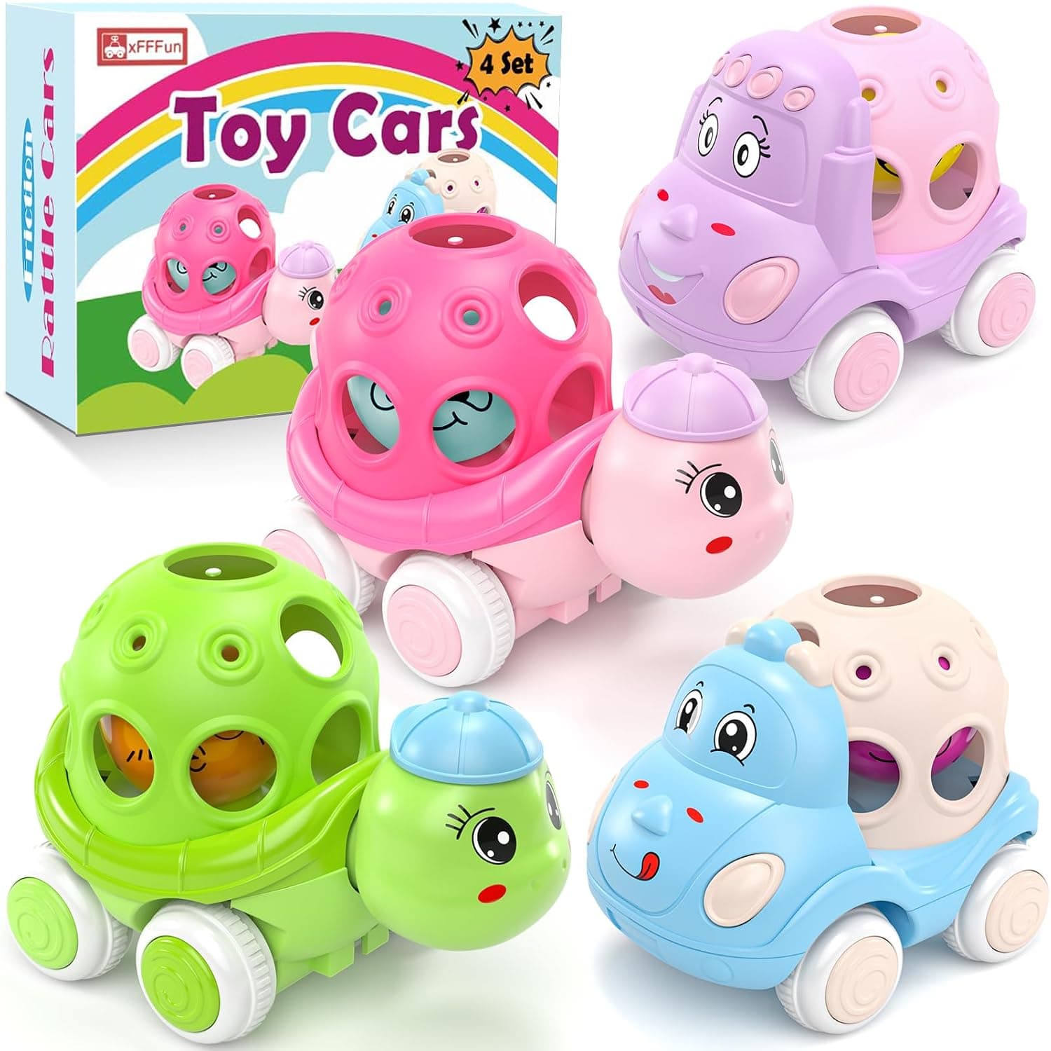 Baby Car Toys for 6-12 12-18 Months 1 Year Old Girls Boys - 4 Pack Rattle Push N Go Cars for Toddlers 1-3 Years, Infant Trucks Toys for Babies Girl Boy 1yr 2yr First Birthday Gifts