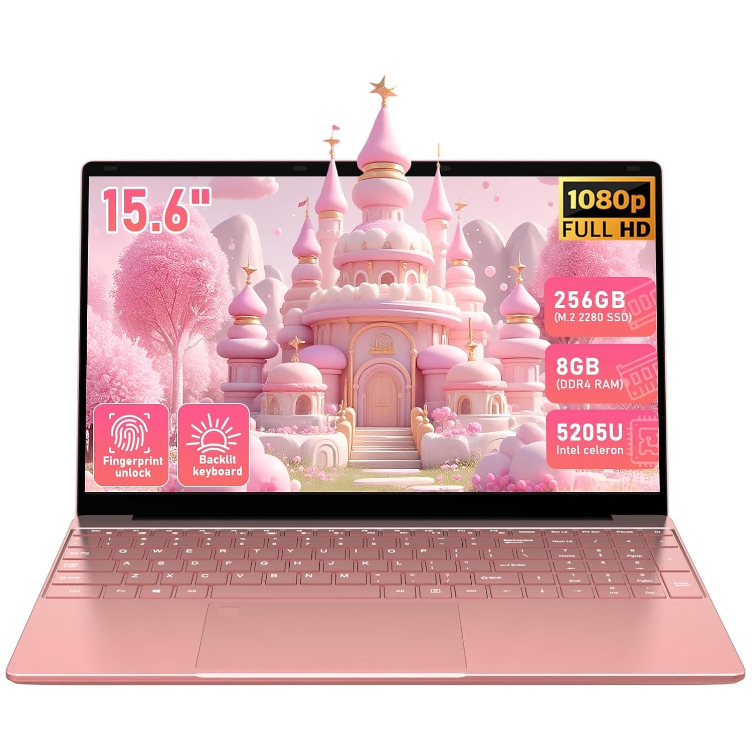 15.6" Laptop with Backlit Keyboard & Fingerprint Reader, FHD 1920x1080 IPS Display, 8GB RAM 256GB SSD, Lightweight Computer for College & Home Office - Rose Gold