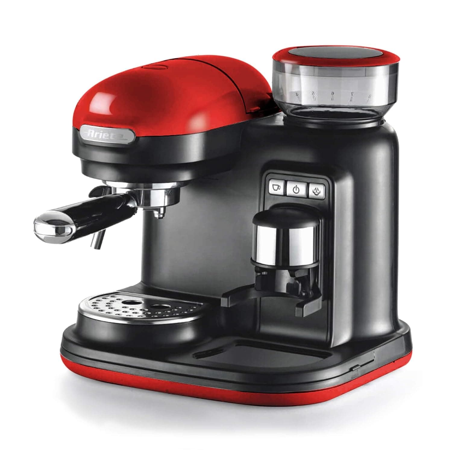 Ariete Moderna Espresso Machine With Integrated Coffee Grinder, For Beans And Ground Coffee, Milk Frothing Cappuccino Maker, 1 2 Cup Filter, 800 Cc, Red, 1318