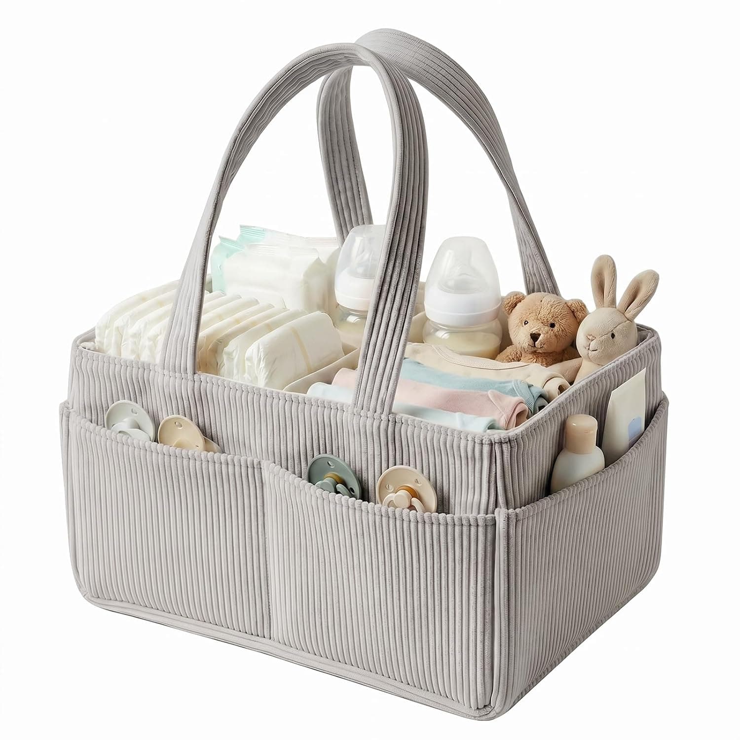 Baby Nappy Caddy Organiser,Portable Corduroy Nursery Diaper Storage Basket with Handle,Newborn Essentials Baby Shower Gifts,Nappy Caddy Storage Basket for Boys Girls (Grey)