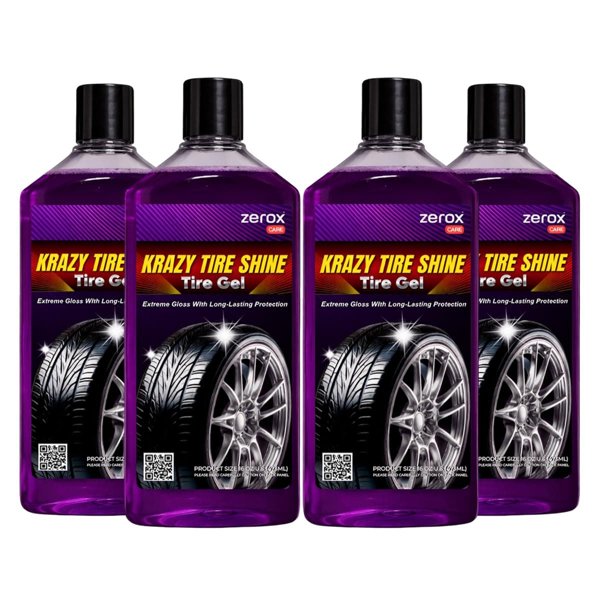 ZER0X Care Krazy Tire Shine Tire Gel 473ml – Long-Lasting High Gloss Tire Dressing, UV Protection, Non-Sling Thick Gel Formula, Restores Deep Black Finish, Wash & Rain Resistant (4 PCS)
