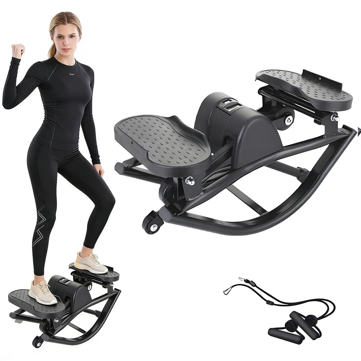 Angju Rock Stepper Step Side-to-Side Lateral Rocking Fitness Stepper with Digital Monitor/Resistance Bands Machine for Home Workout