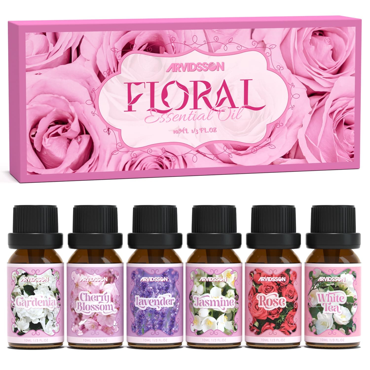 Floral Essential Oils Set, ARVIDSSON Natural Flower Fragrance Oil Gift for Women - Lavender, Jasmine, Cherry Blossom, Gardenia, White Tea, Rose Essential Oil for Diffuser & Candle Making