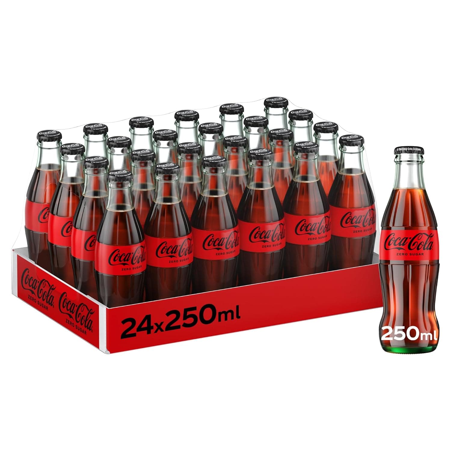 Coca-Cola Zero, Glass Pack of 24x250ml, Same Coca Cola Taste with Zero Sugar and Zero Calories, Crisp Coke Zero Soft Drinks