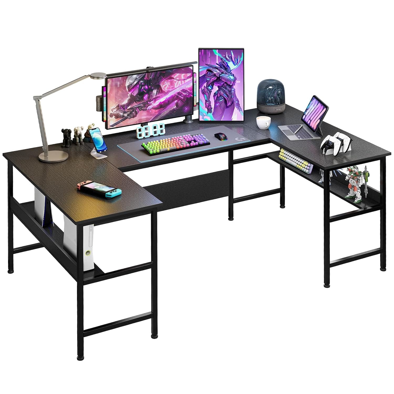180cm U Shaped desk, Large Gaming Table, Corner Computer Desk with Storage Shelves, Texture Desktop U Office Desk, Gaming Desk for Office and Gaming Area (Black)