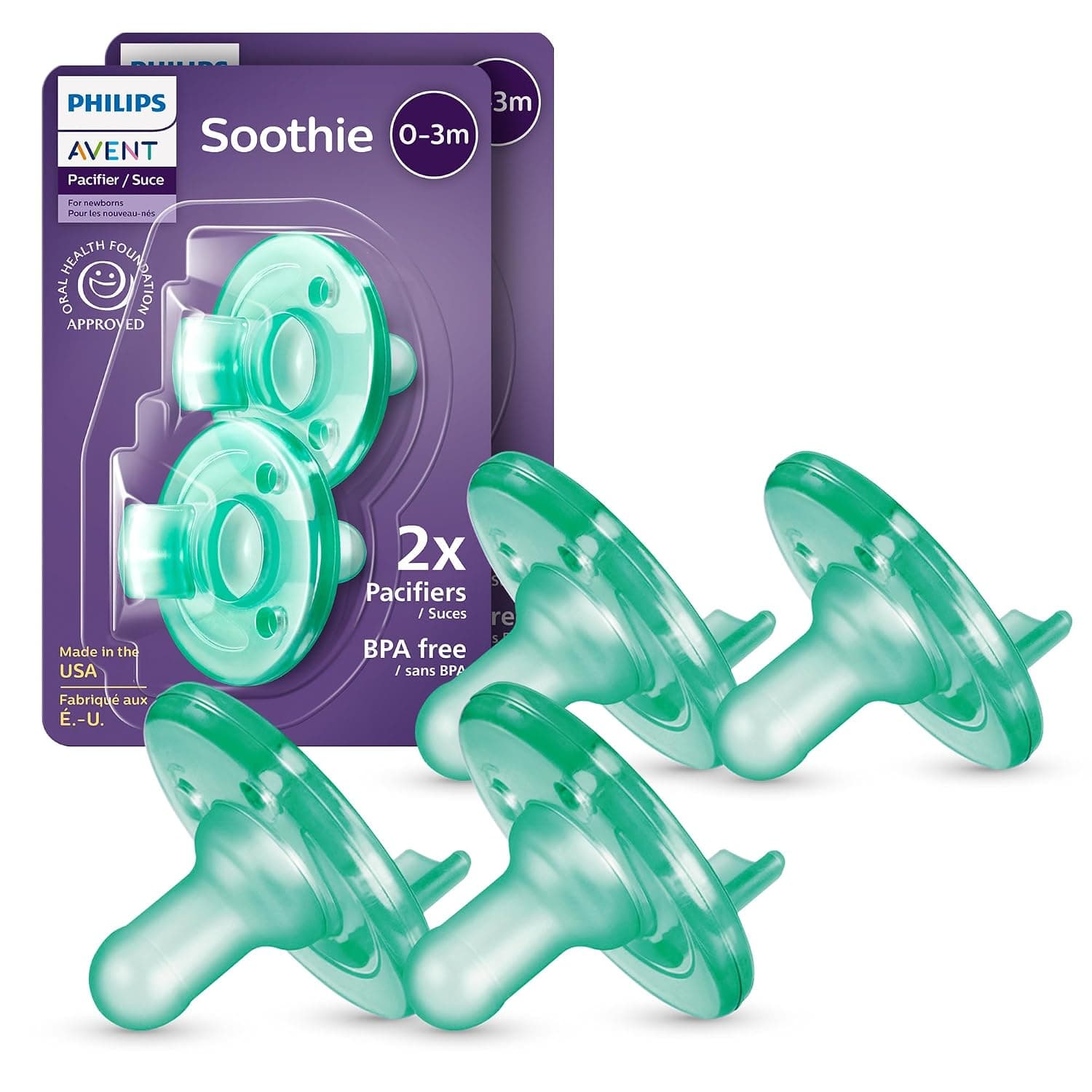 Philips AVENT Soothie Pacifier, 0-3 Months, Green, 4 Pack, SCF190/41 | Supports Natural Suckling, Medical Grade Silicone for Easy Hospital-Grade Sterilization, One-Piece Design, SCF190/41