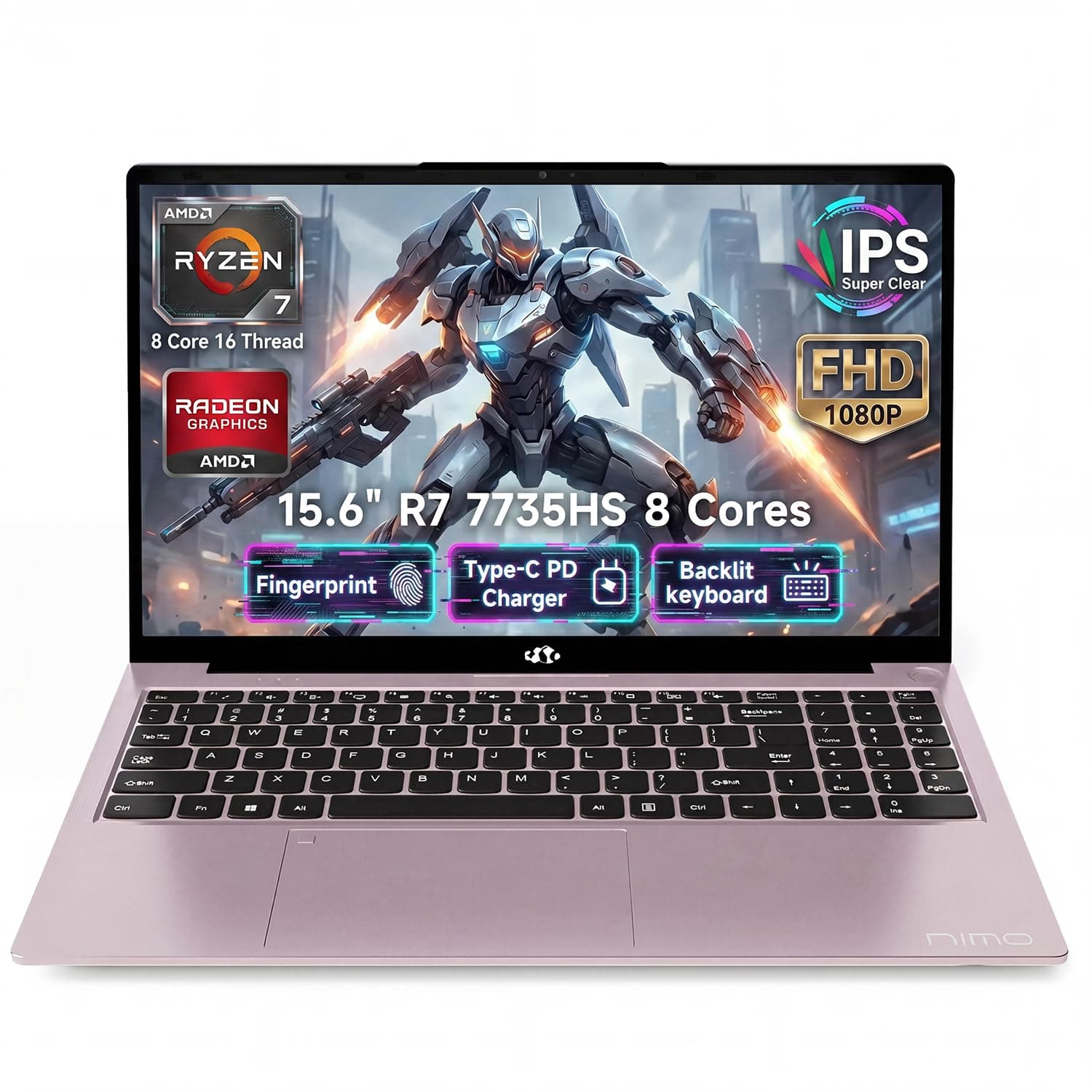 NIMO 2026 Laptop, 8 Cores R7 7735HS 32GB DDR5 RAM 1TB SSD (Up to 4.75GHz), Radeon 680M GPU, 15.6" IPS FHD, 180° Open Angle, Webcam, HDMI, 100W Fast Charge, Portable for Business & Light Gaming