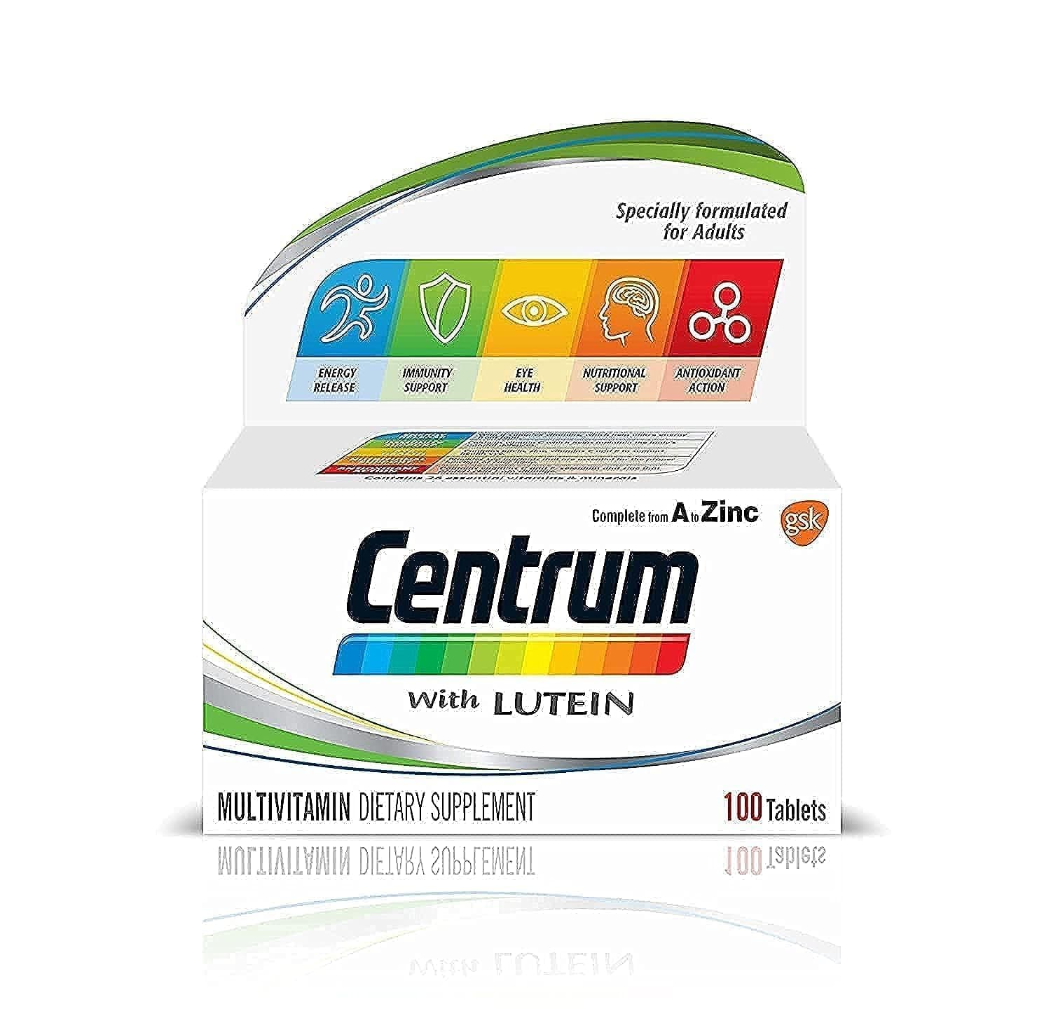 Centrum with Lutein, A to Zinc supplements for Adults with Vitamin B, C, D, Minerals, Nutrients and Trace Elements, 100 tablets