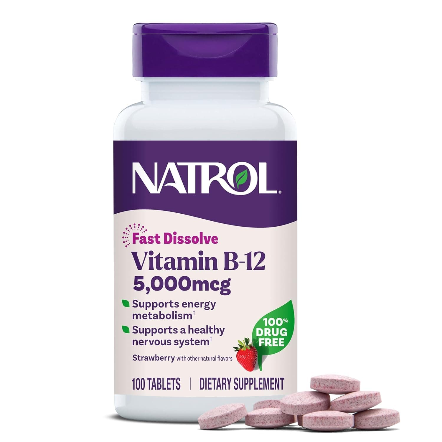Natrol Vitamin B-12, Fast Dissolve, Maximum Strength, Strawberry, 5000 mcg, 100 Tablets