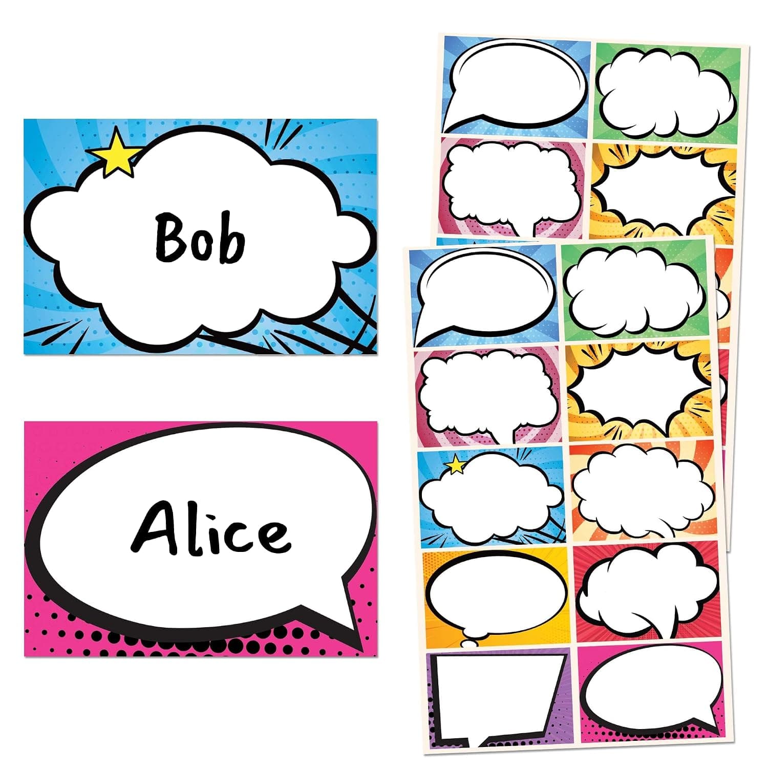 250PCS Name Tags Stickers, Waterproof Write-on Name Tag Labels - Stickers for Students, Colorful Comic Design Nametags for Classroom, Office Meetings Visitors, Events &Parties, 3 x 2 Inch