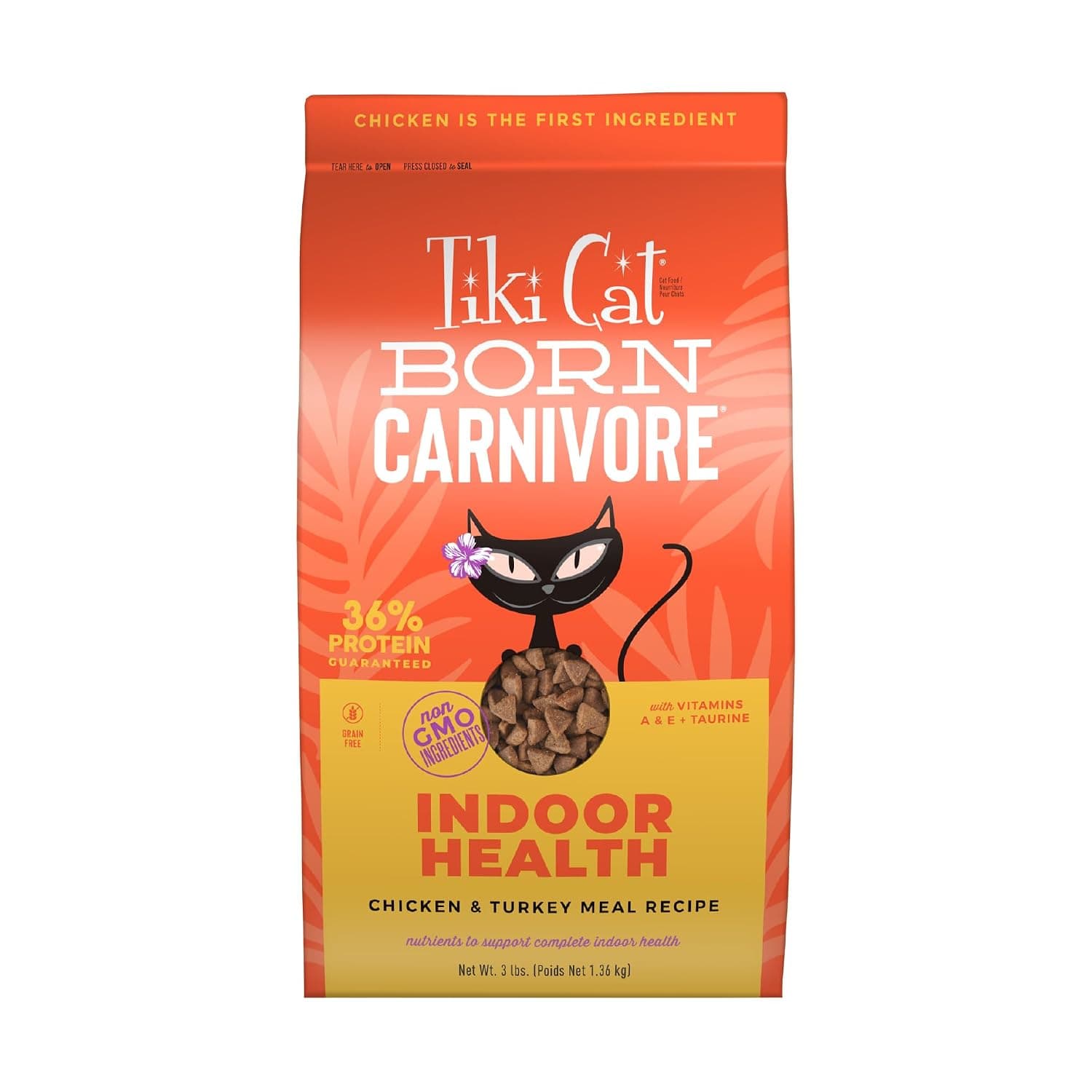 Tiki Cat Born Carnivore Dry Cat Food, Chicken & Turkey Meal, 3 lbs. Bag | Crunchy Kibble Texture for Indoor Cats, Real Animal Protein, Non-GMO Ingredients, Supports Immune and Digestive Health