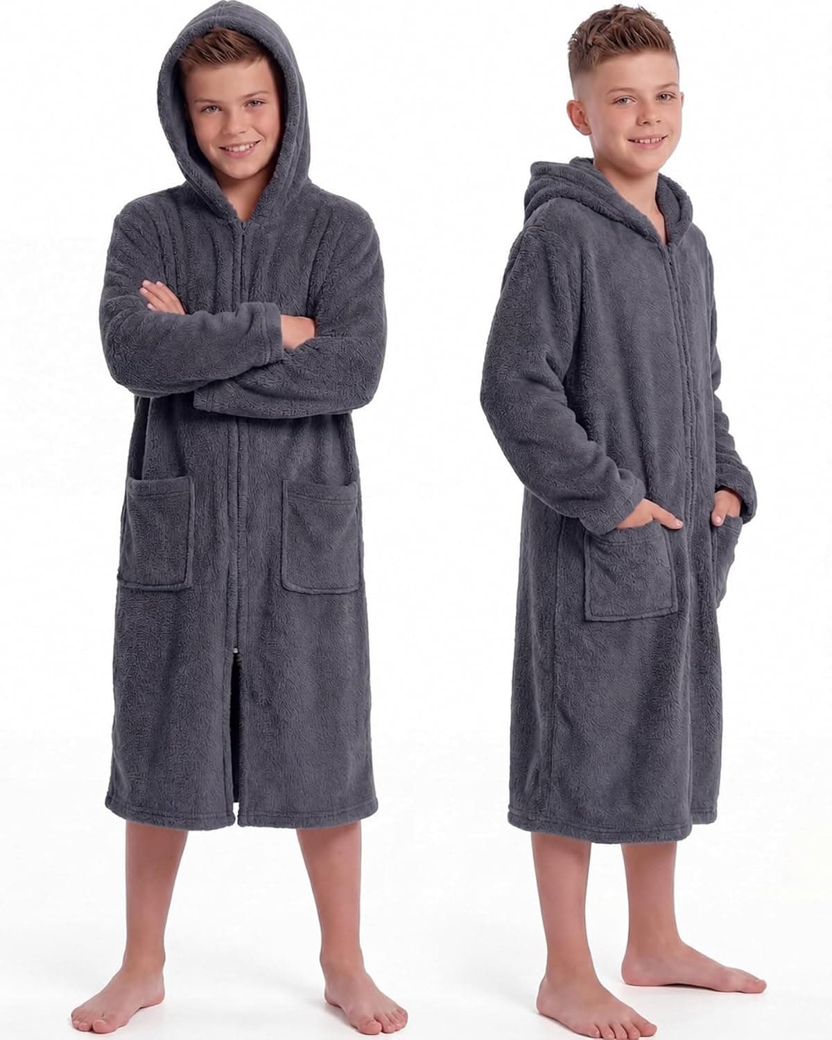Cutecrop Kids Hooded Bath Towel, Zipper Absorbent Swim Parka, Dark Gray | Big Kids Surf Poncho with Pocket, Soft Quick Dry Bath Robe, Coral Fleece Pool Beach Cover up for Boys Girls Home, Relaxed Fit