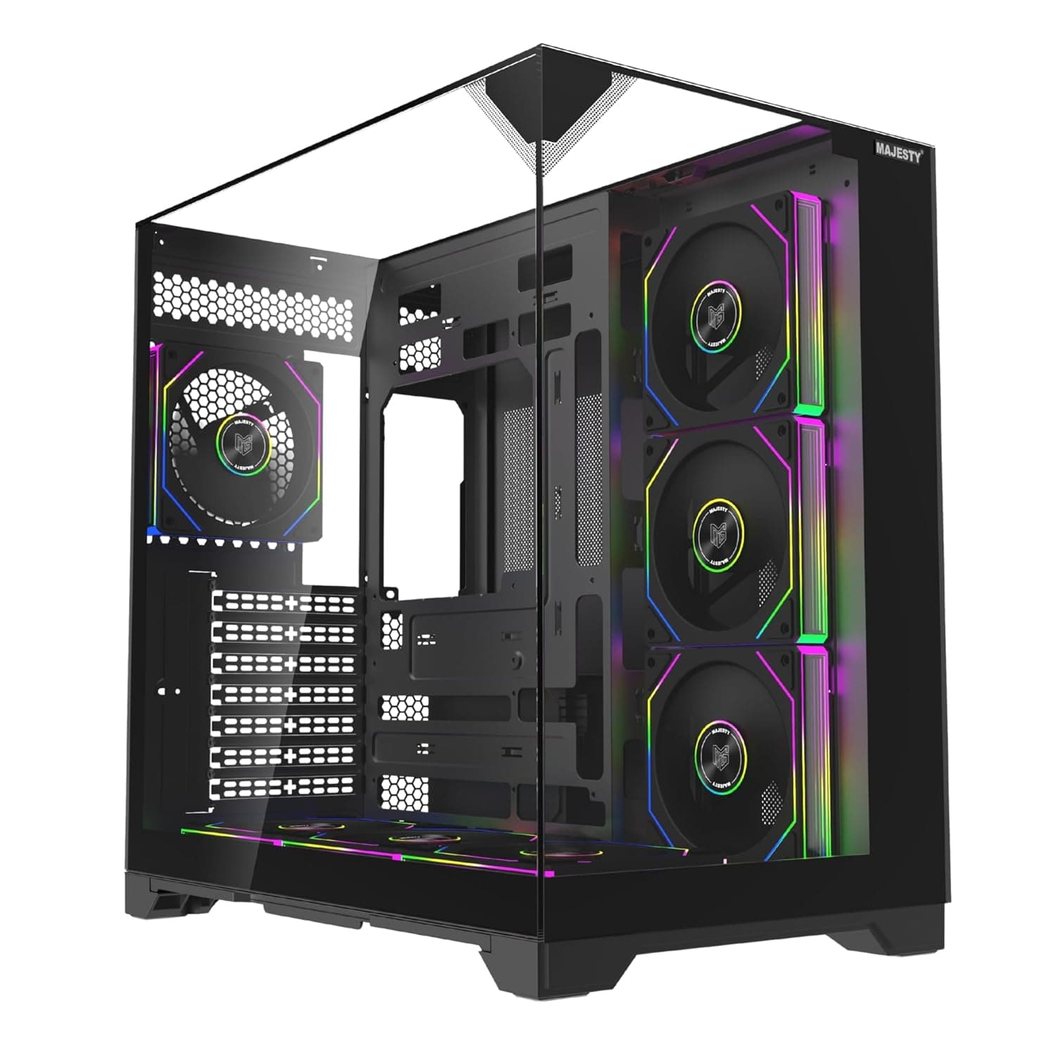 Majesty X-Space Mid Tower PC Case with 7 Infiniti ARGB Fans Pre-Installed for Efficient Airflow with Remote - Support ATX Boards 1x TYPE-C 2x USB 3.0 - Black
