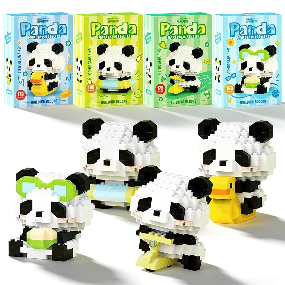 Panda Building Blocks Set, 4 Pack Cute Animal Micro Mini Building Bricks Kit, DIY Panda Model Construction Toy for Home Office Desk Decor, Party Favors and Birthday Gift for Kids & Adults