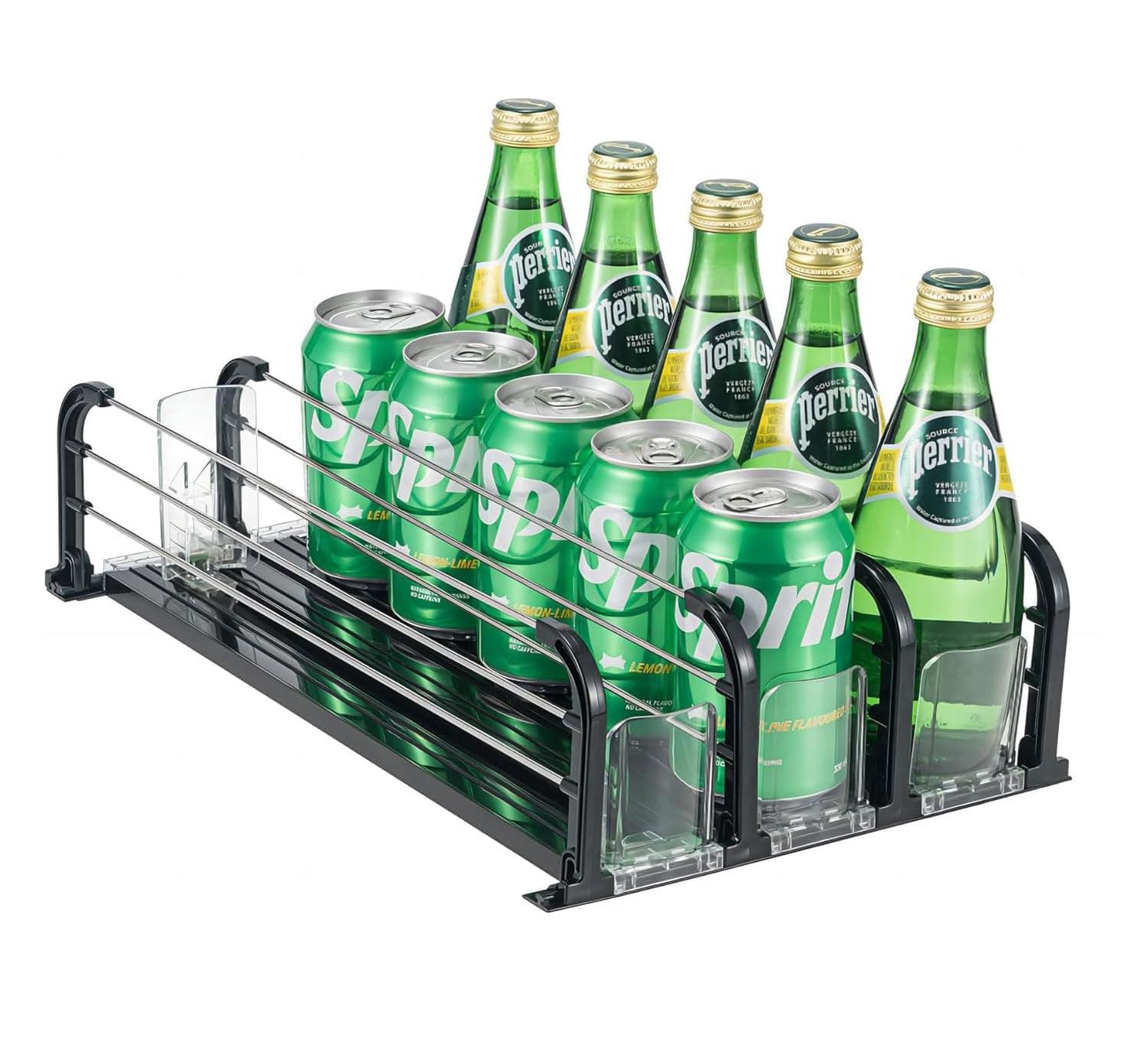 منظم مشروبات للثلاجة من 3 قطع علب الصودا ذاتي الدفع مع انزلاق دفع قابل للتعديل وعرض موزع اوتوماتيكي للمتجر والمنزل أسود، ستانلس ستيل