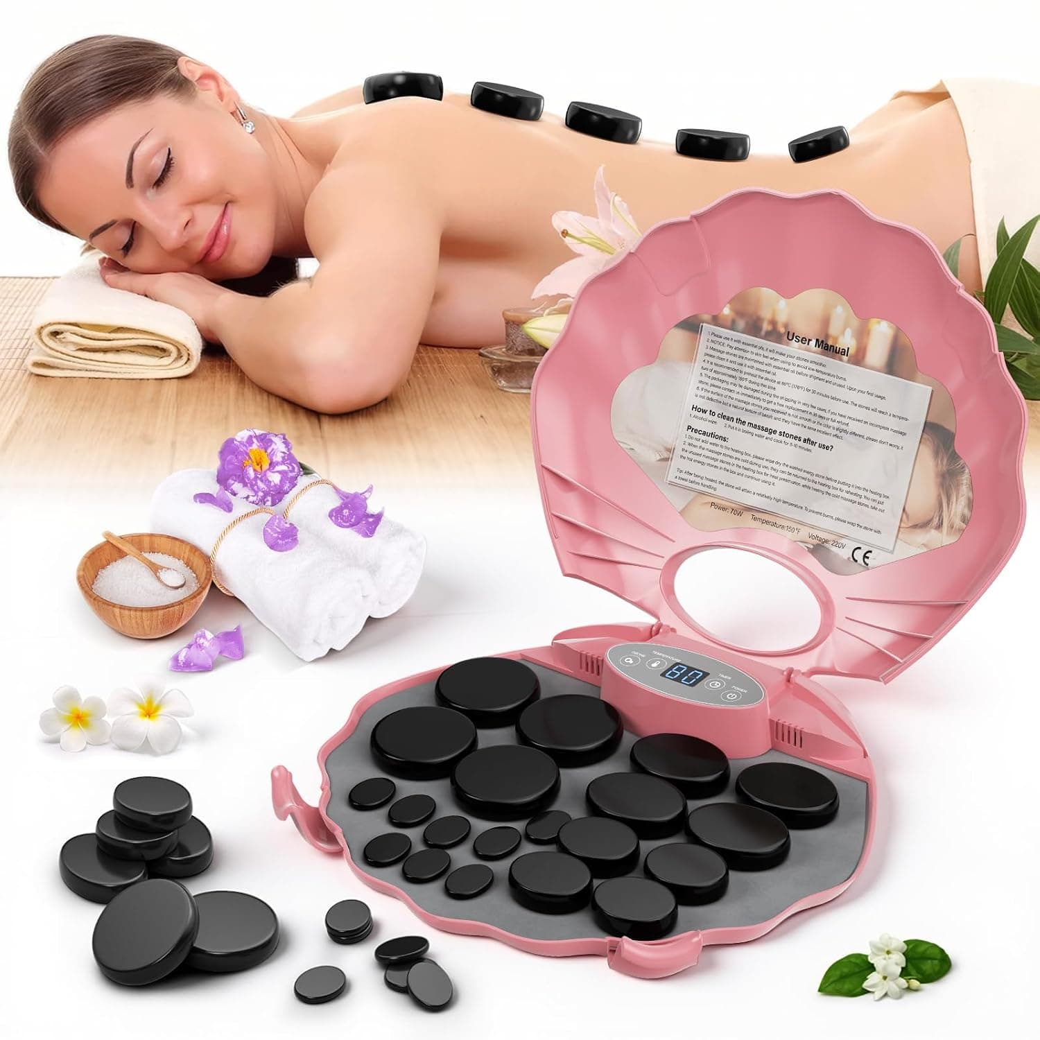 Hot Stone Massage Set, Basalt Massage Stone Set with Portable Heating Case, 3-Stage Therapeutic Heat with Timer for Home Use, Massage Therapy, Spa, Relaxation (20)