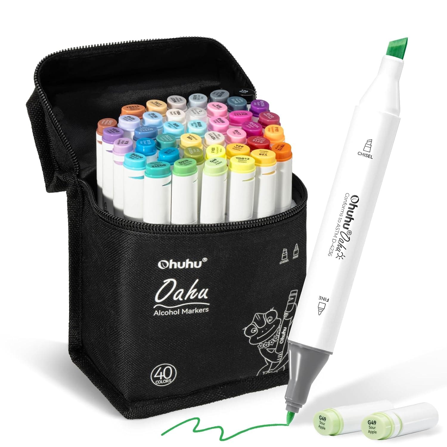 Ohuhu Alcohol Markers, Double Tipped Art Markers for Kids, Adults Coloring Illustrations, Alcohol-based Ink, 40 Unique Colors + 1 Blender + 1 Marker Case, Chisel & Fine, Oahu Series of Ohuhu Marker