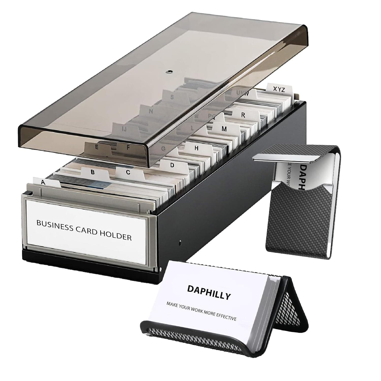 Business Card Organizer for Desk, Business Card Holder Organizer, Credit Card Holder Case File Index Card Box Storage,with A-Z Tabs, Storage up to 800 Cards (3.5” x 2.2”), Metal Structure