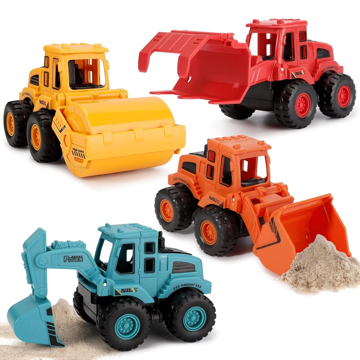 Construction Toys, Friction Powered Construction Truck Toys Vehicles, Push and Go Construction Sand Truck Toys, Outdoor Toys with Bulldozer Excavator Roller Truck Gift for 3-8 Year Old Boys(4Pcs)