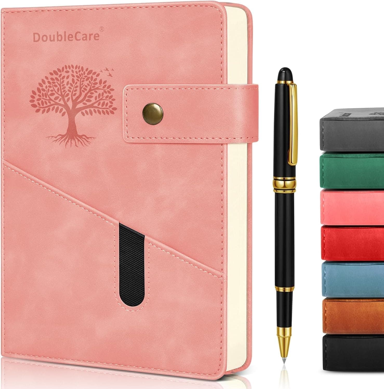 DoubleCare A5 Vegan Leather Hard Paste with Divider, Hardcover Notebook with Pocket, Ruled Notepad School Supplies Office with Pen, Office, Business Travel, for Men Women (Pink)