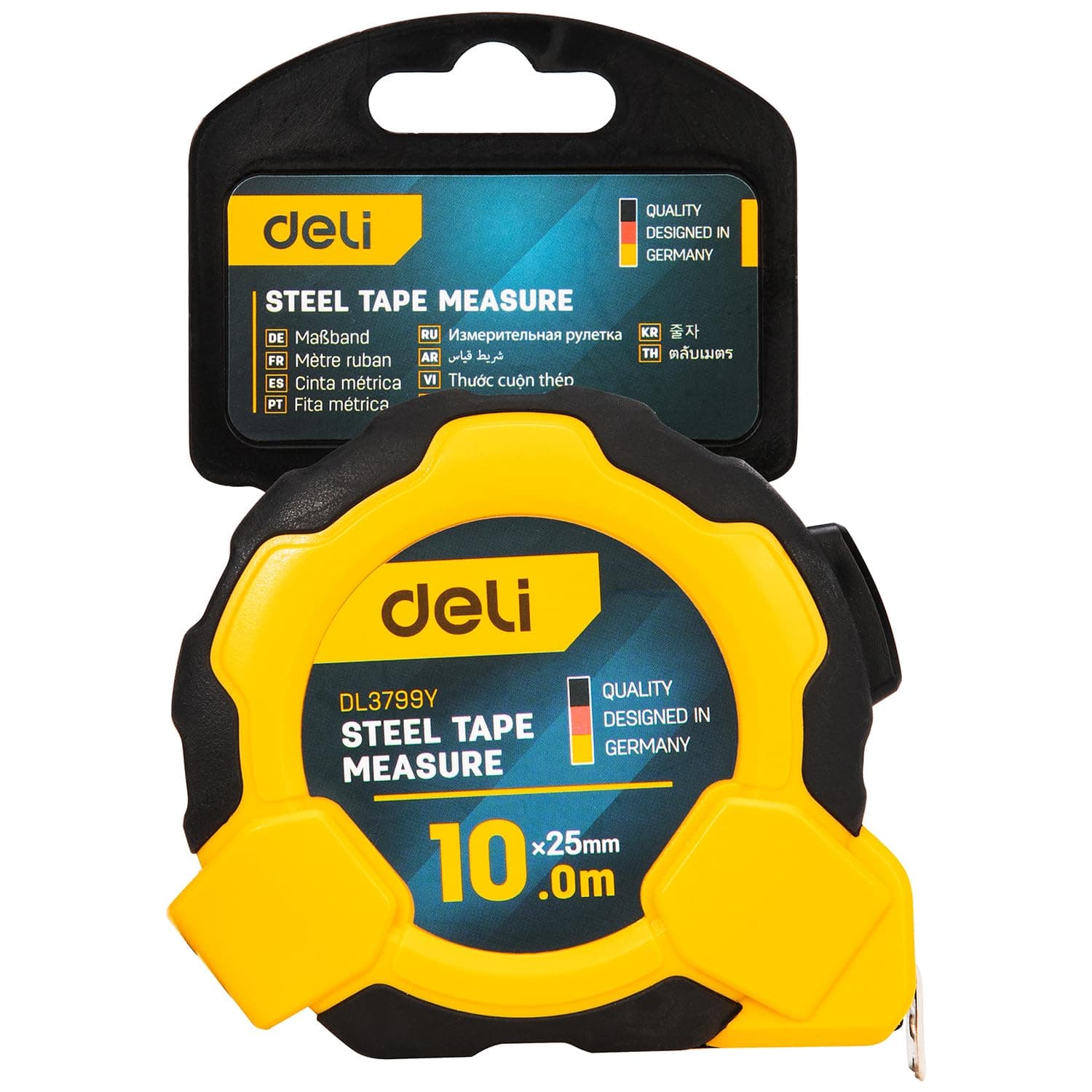 Deli Steel Measuring Tape, 10 Meter Length x 25 mm Width, Yellow