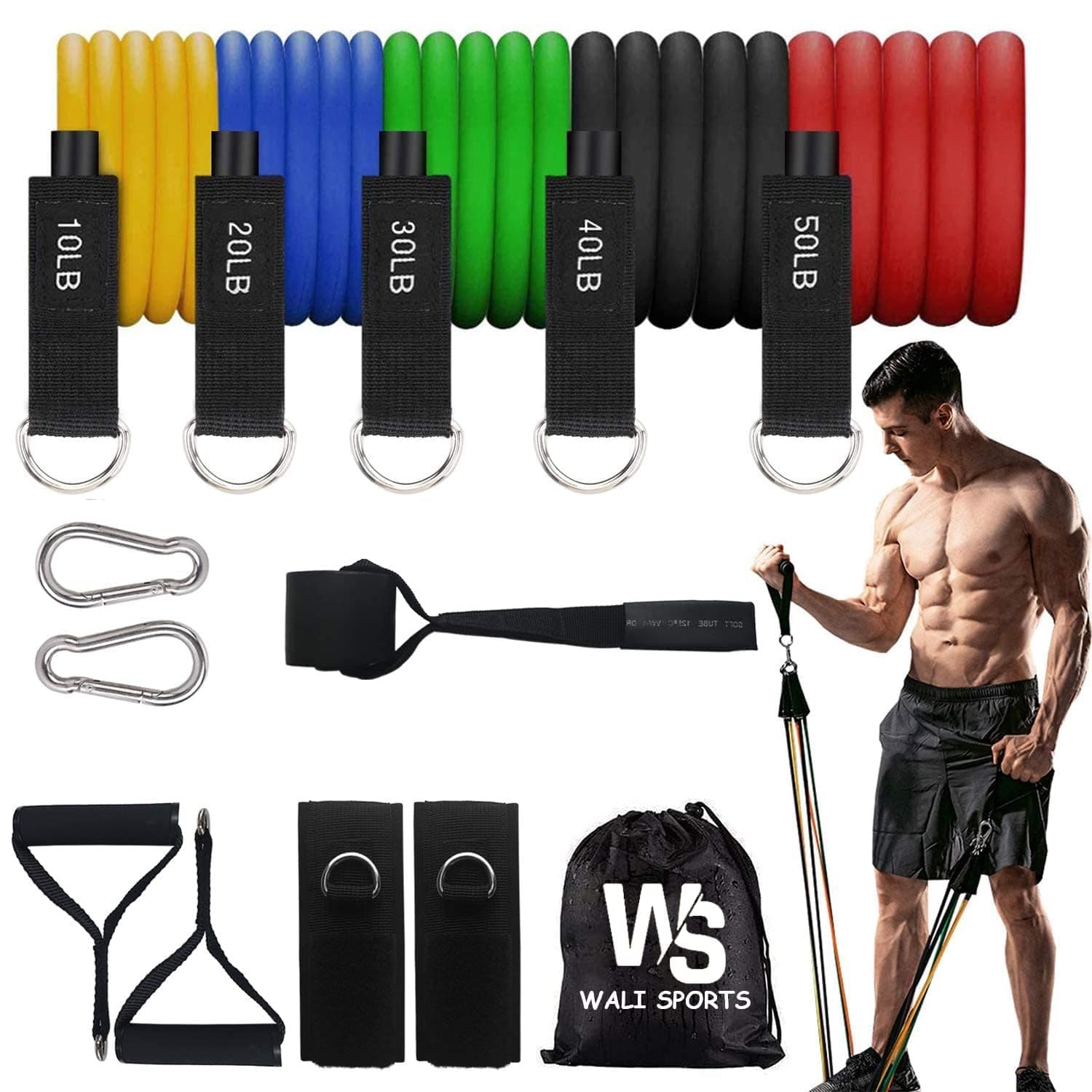 WALI SPORTS 100% Latex 11 Pcs Resistance Band Set 150 LB Handles & Door Anchor, Ankle Straps, Carrying Case for Physical Therapy, Home Workouts, Fitness