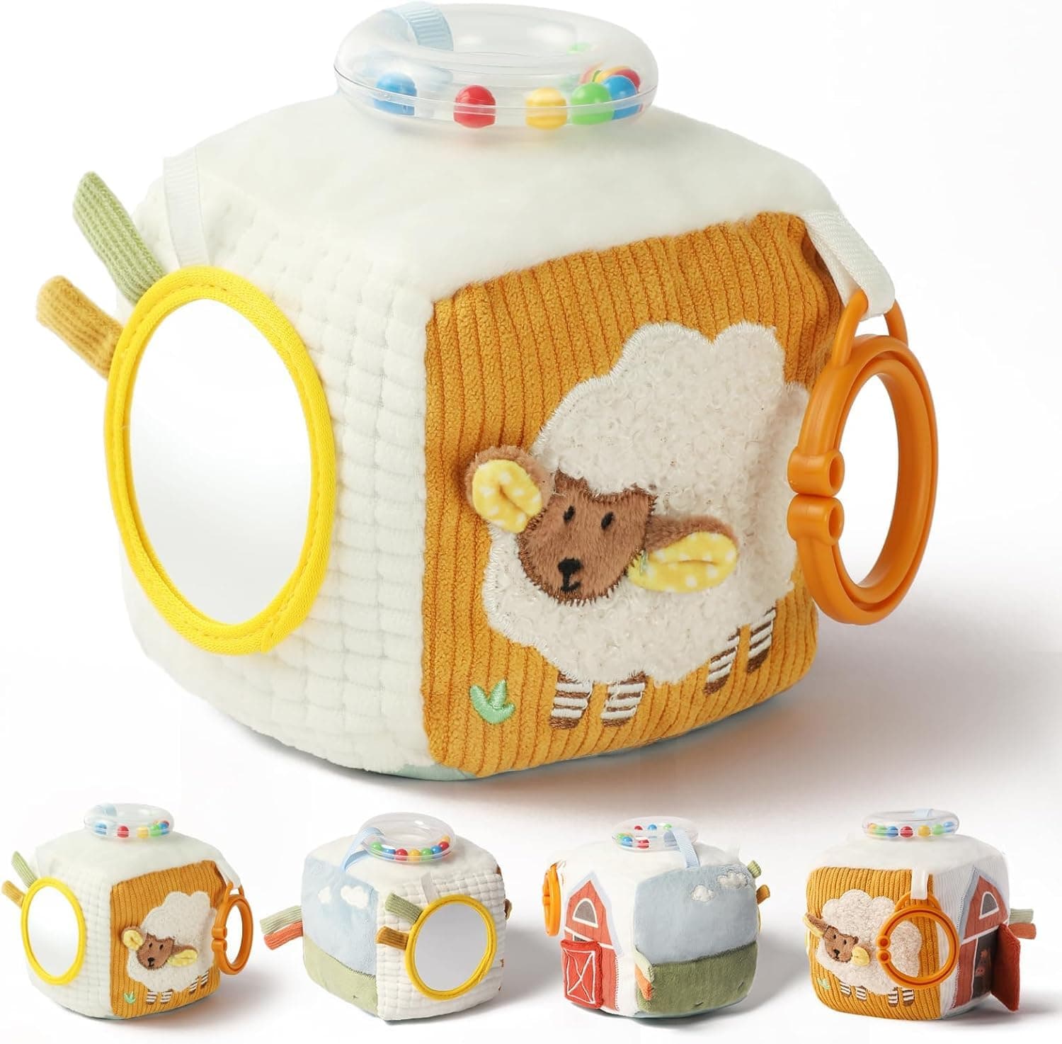 Farm Baby Sensory Cube for Infants 0-12 Months ，Soft Activity Block with Bead Rattle ， Baby-Safe Mirror | Tummy Time Toy Gift for Boys Girls, Machine Washable (Lamb)