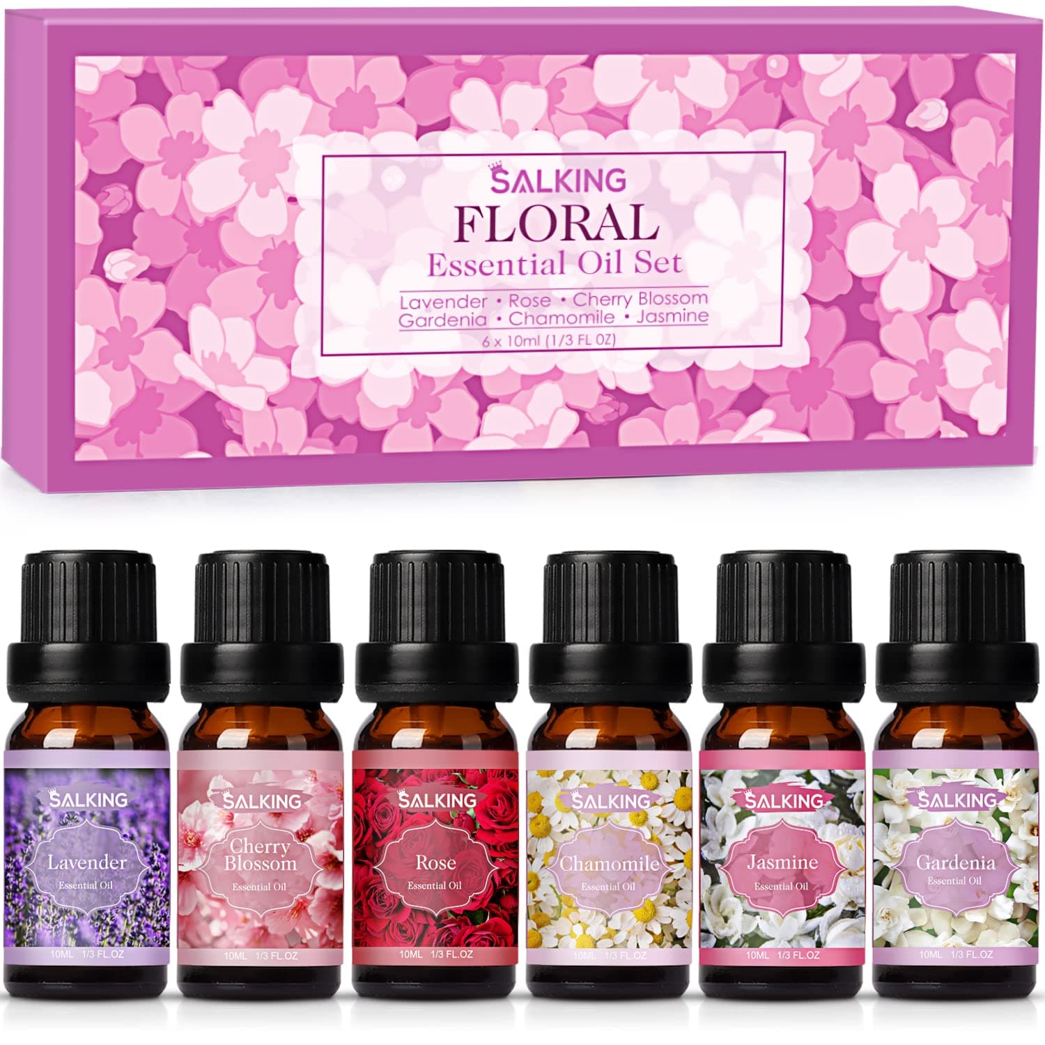 SALKING Essential Oils Set, 100% Pure Fragrance Oil AromatherapyGift, Premium Scented Oils for Diffusers 6 x 10 ML - Lavender, Rose, Jasmine, Cherry Blossom, Gardenia, Chamomile